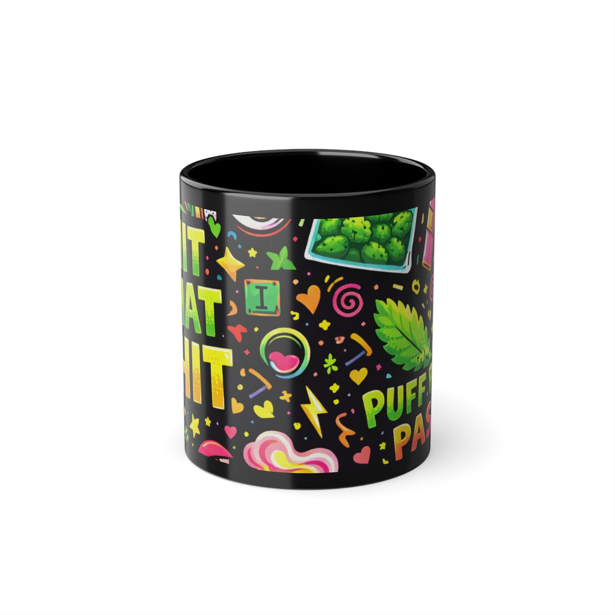 Puff Party Black Coffee Mug — 11oz Colorful Cannabis Doodles & 'Puff Puff Pass' Design