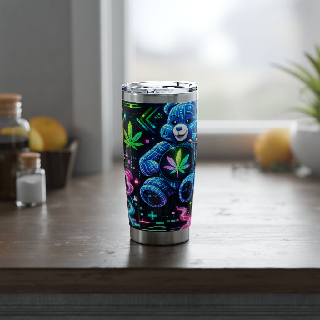 Neon Psychedelic Bear 20oz Tumbler — Vaporwave Travel Cup with Retro Cannabis Art