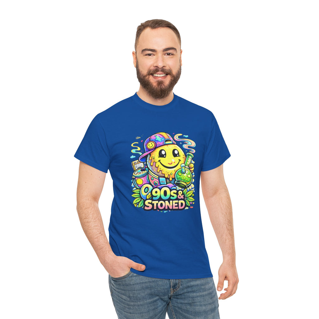 90s & Stoned Smiley Tee — Retro Vaporwave Cannabis Graphic T-Shirt
