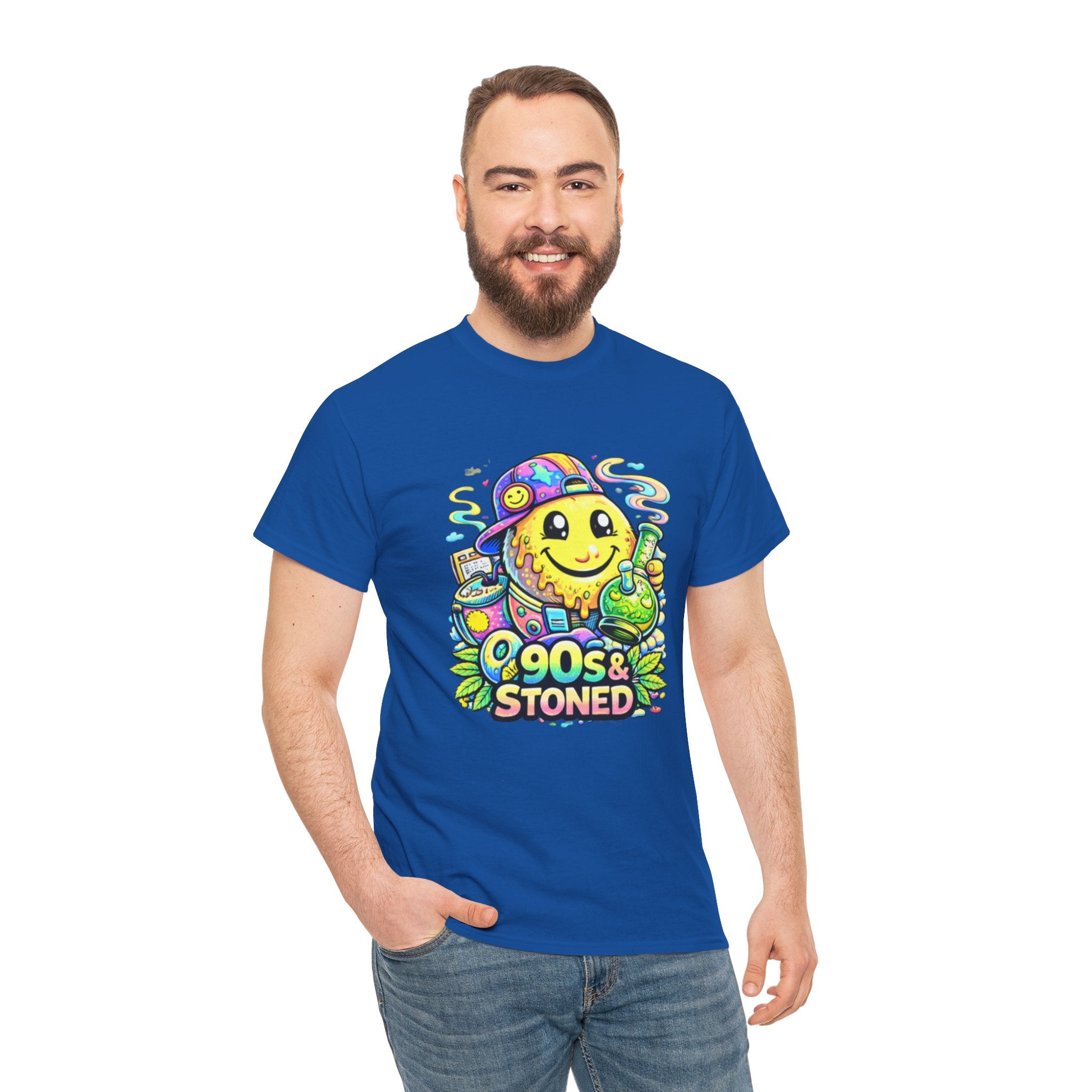 90s & Stoned Smiley Tee — Retro Vaporwave Cannabis Graphic T-Shirt