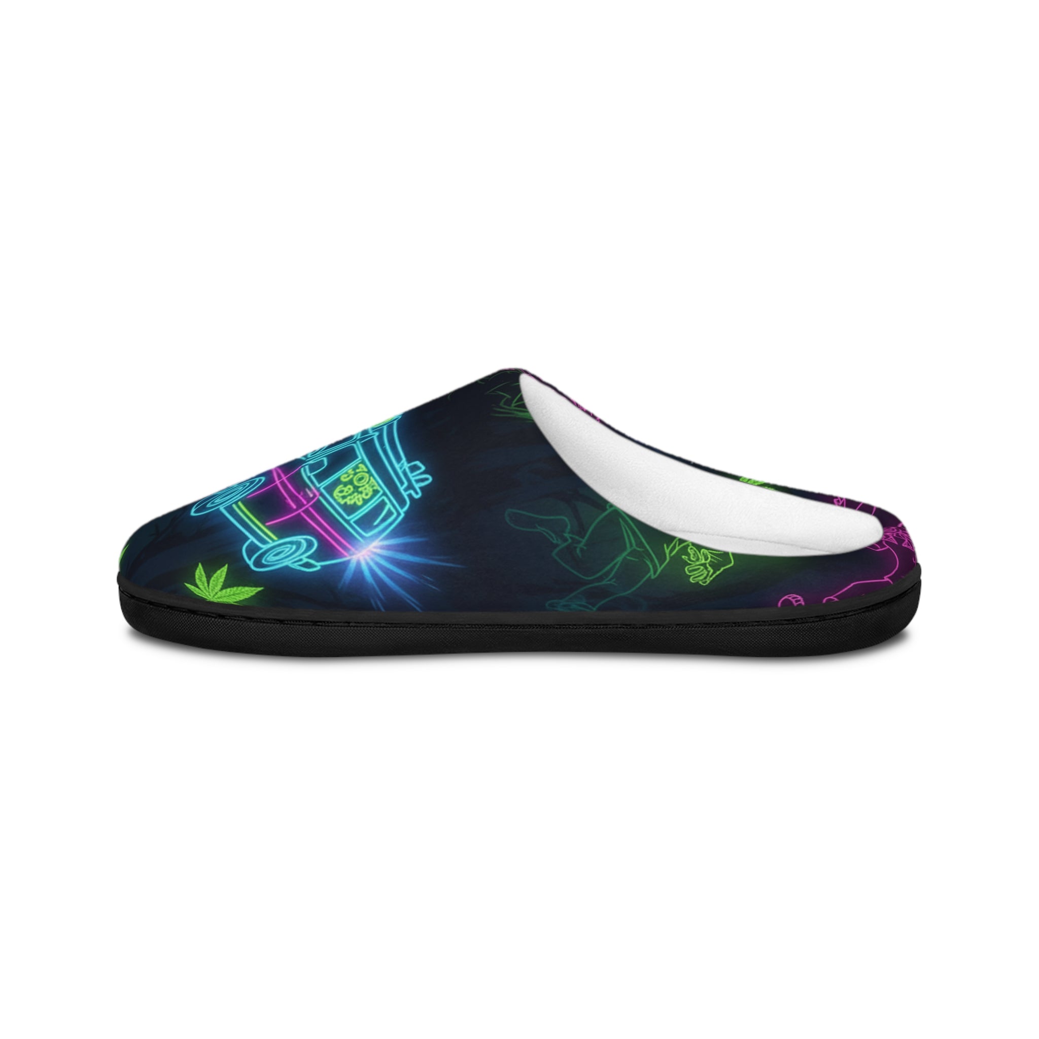 Neon Retro Drive Indoor Slippers — Women's Cozy House Shoes with Neon Car & Palm Print