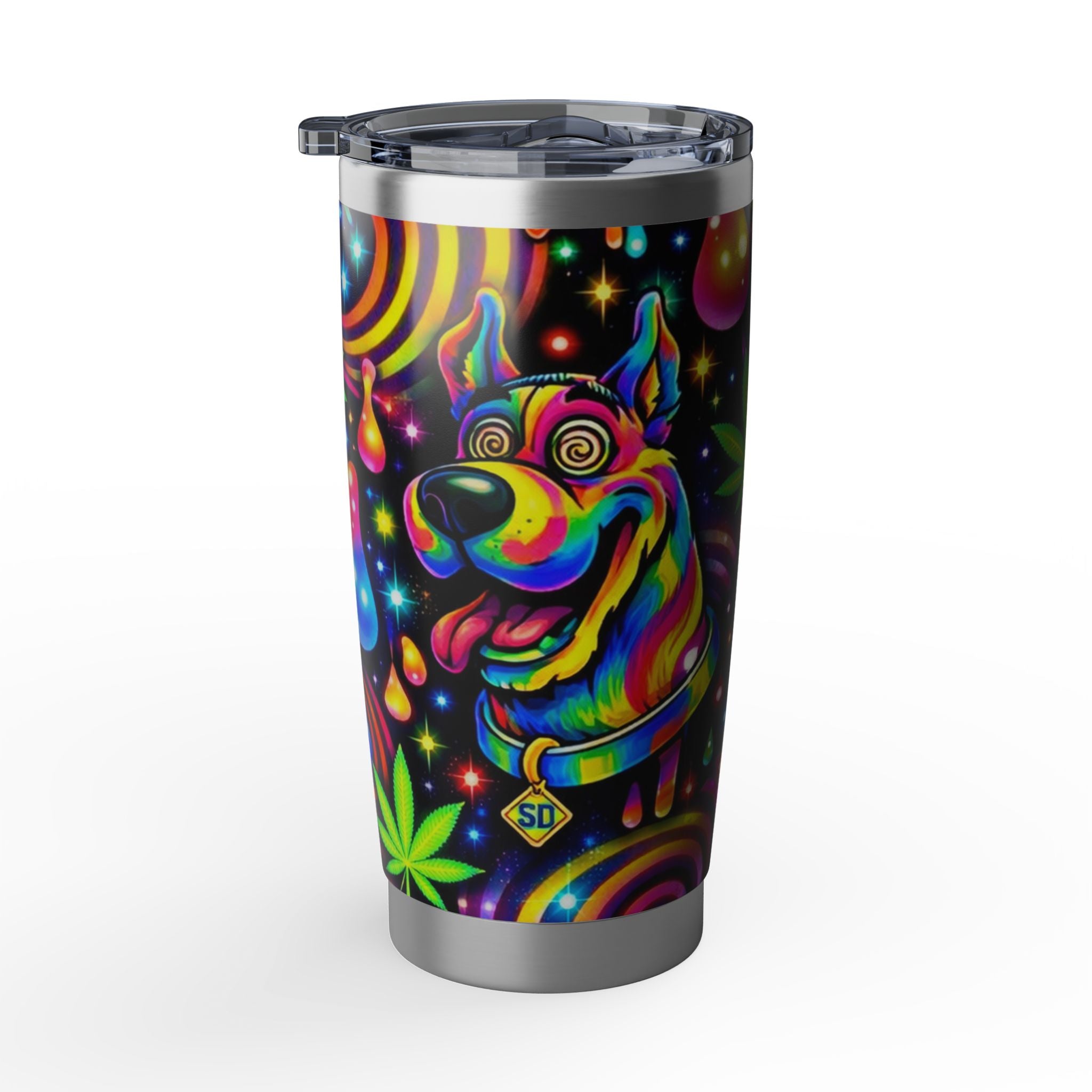 Psychedelic Hippie Tumbler — 20oz Vagabond Travel Mug with Tie-Dye & Cannabis Art