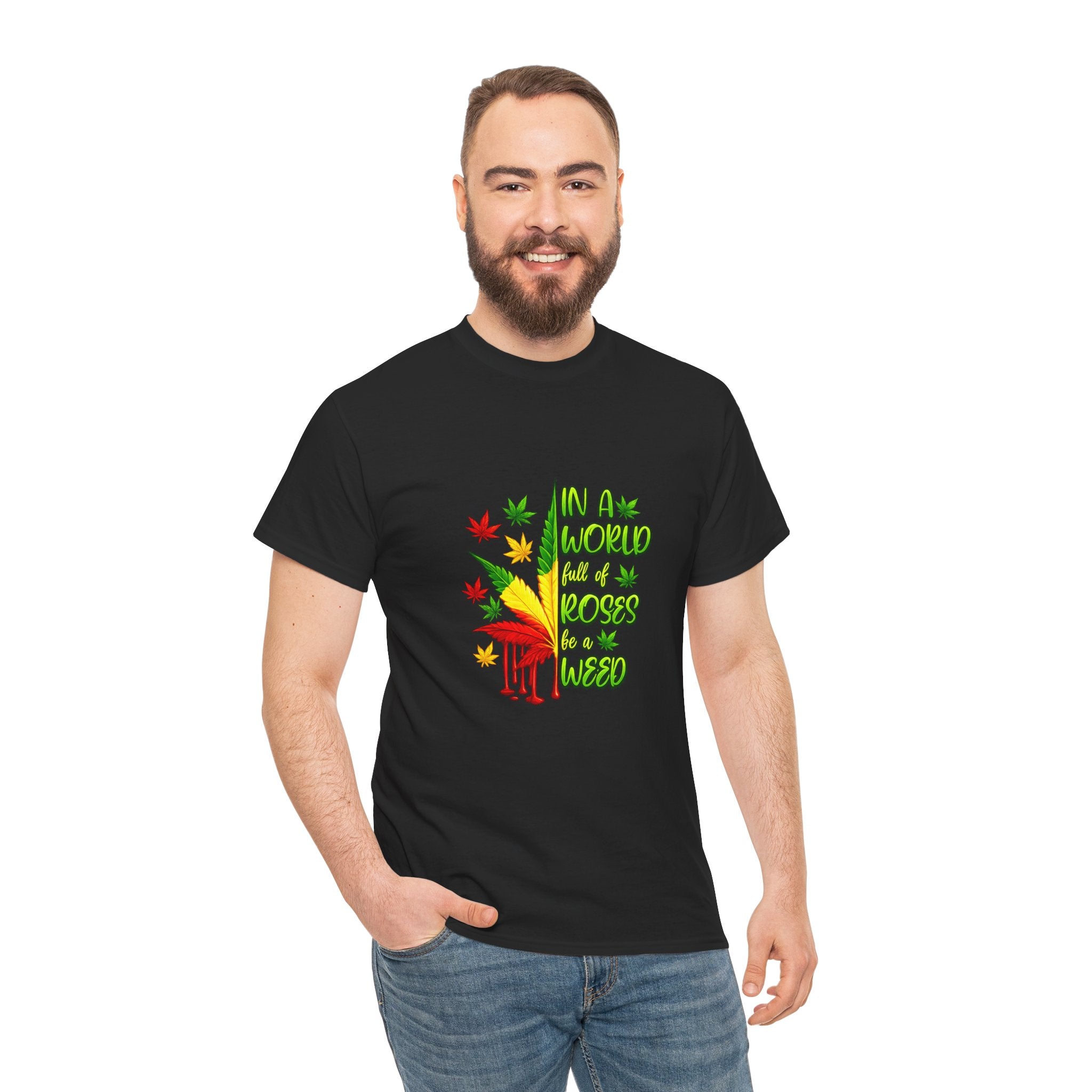 T-Shirt — "In A World Where Mosses Rule" Colorful Mushroom & Leaf Graphic