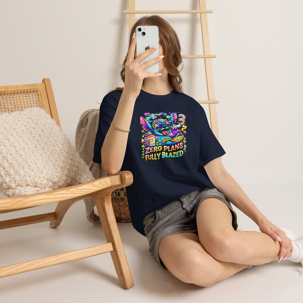 Zero Plans Fully Blazed Tee — Colorful Stoner Cat Graphic T-Shirt