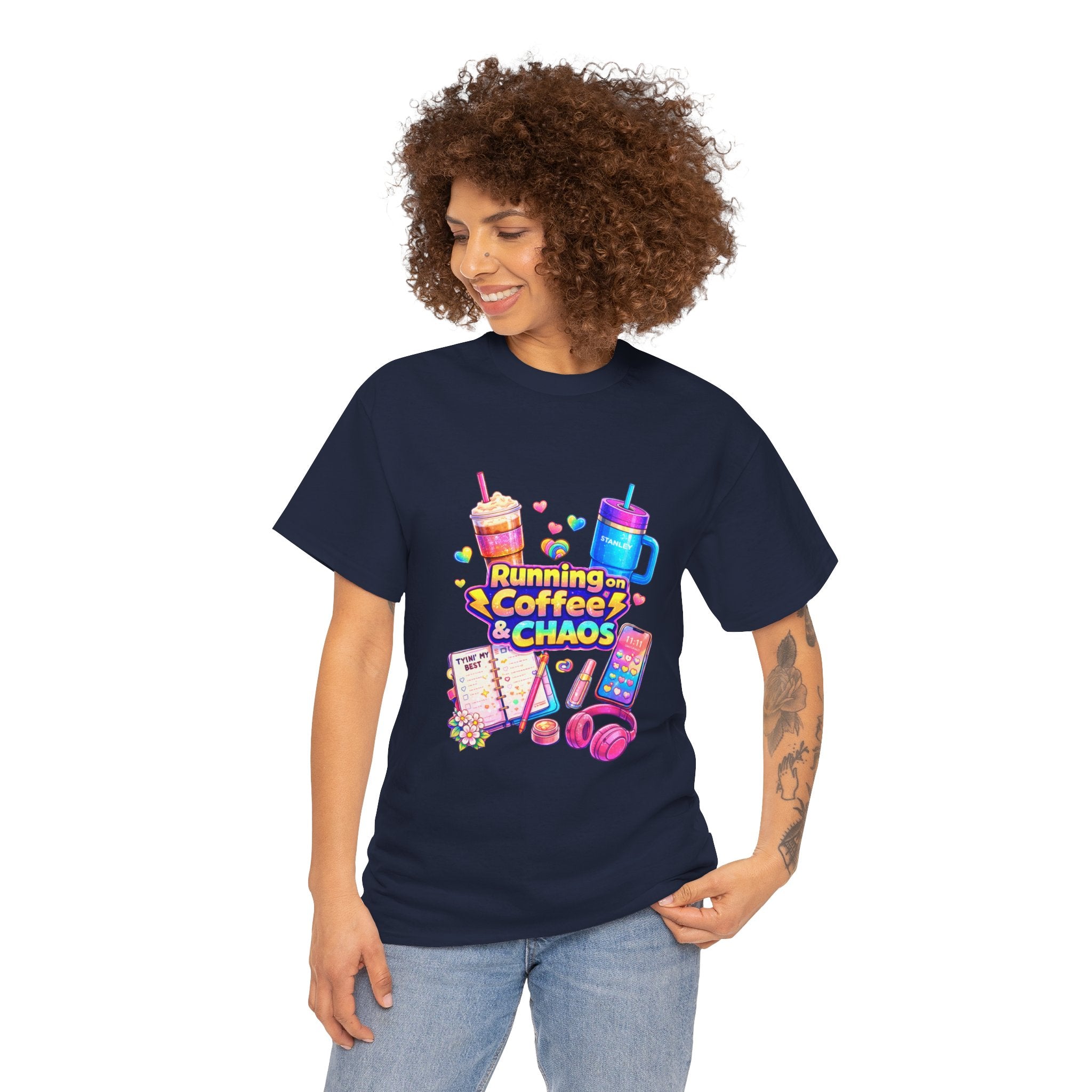 Graphic Tee — "Running on Coffee & Chaos" Colorful Planner Lover Shirt