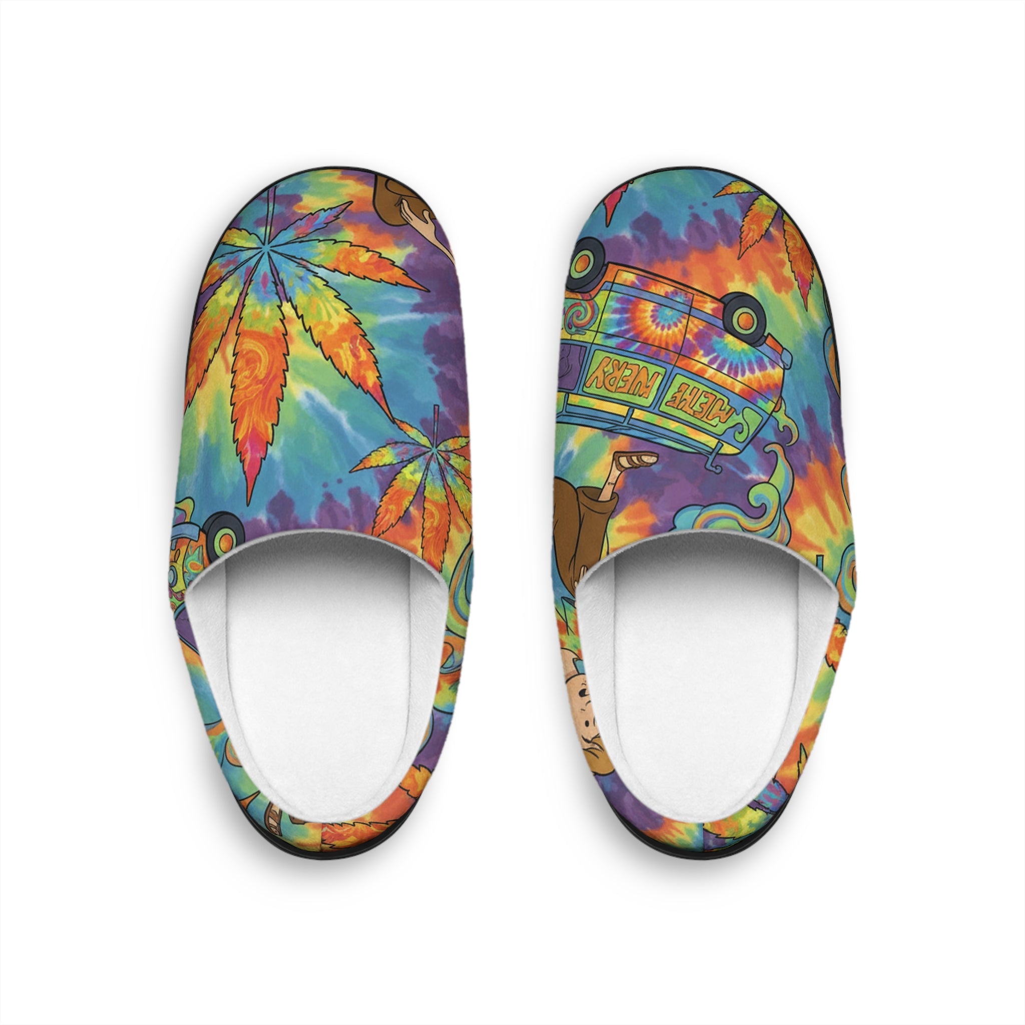 Psychedelic Tie-Dye Slippers — Colorful Retro Bus & Leaf Indoor Cozy