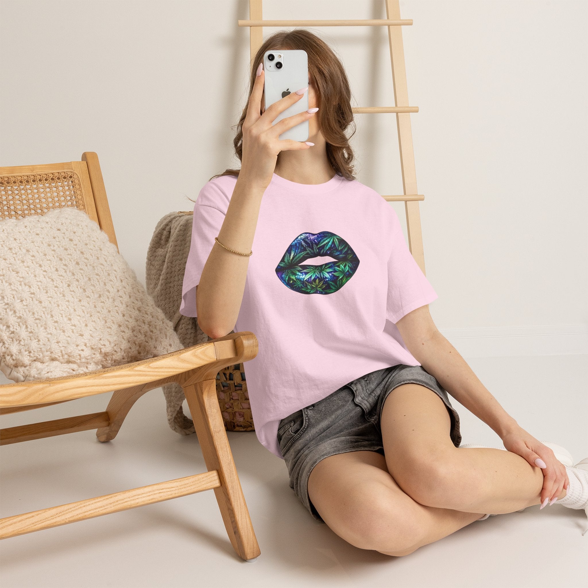 Lips Graphic Tee — Iridescent Botanical Leaf Kiss T-Shirt