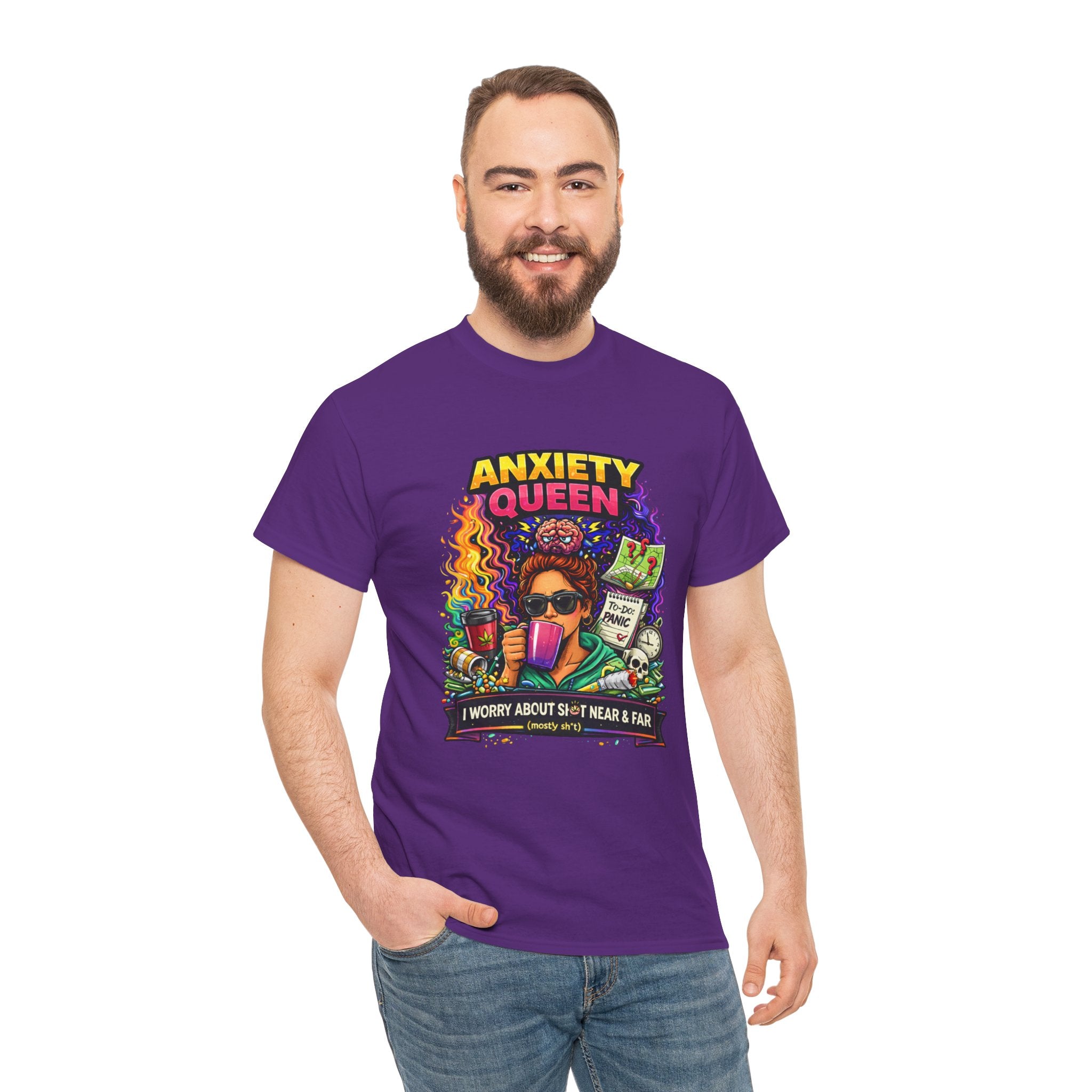 Anxiety Queen T-Shirt – Funny Mental Health Graphic Tee (“I Worry About Sh*t Near & Far”)