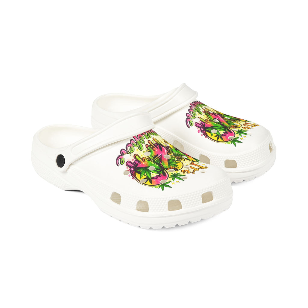 White EVA Foam Clogs — 'It’s 4:20 Somewhere' Tropical Cannabis Graphic