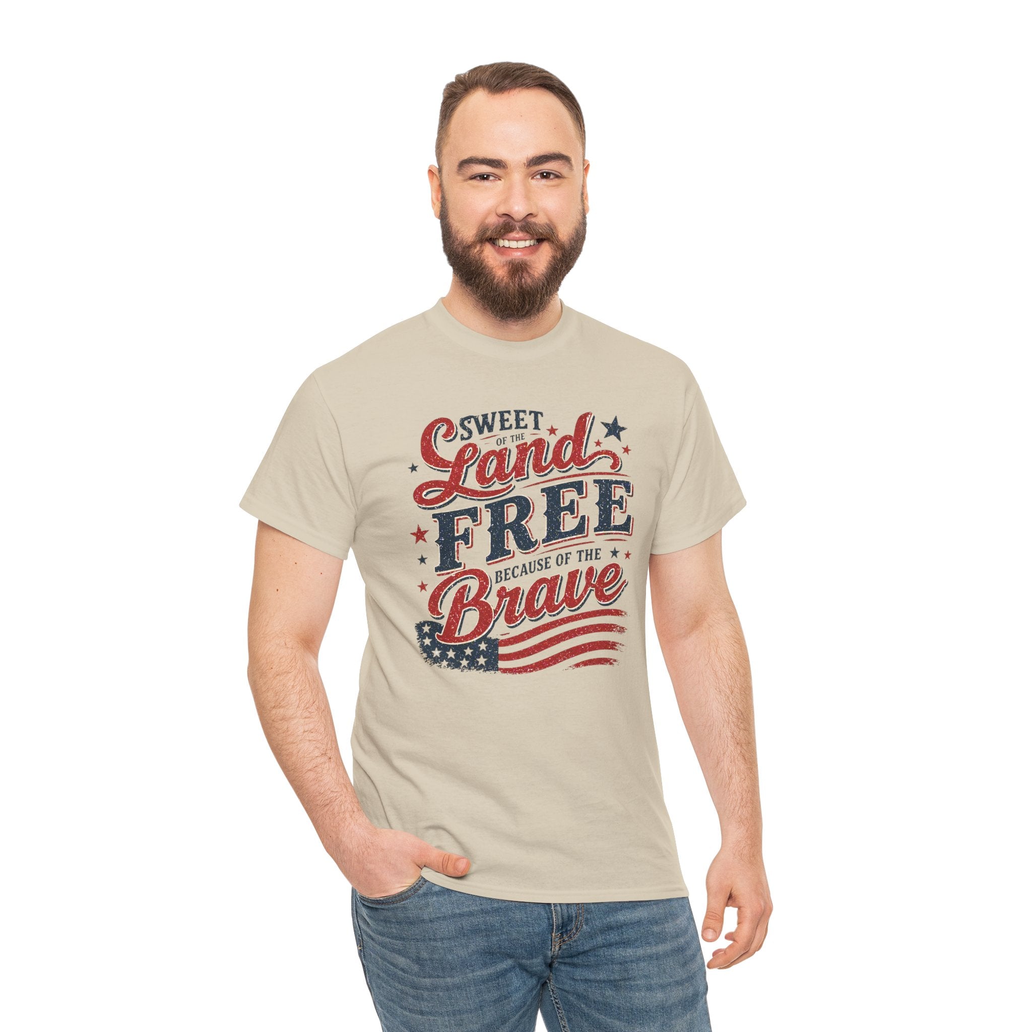 Patriotic Tee — "Sweet Land Free Because of the Brave" American Flag Shirt