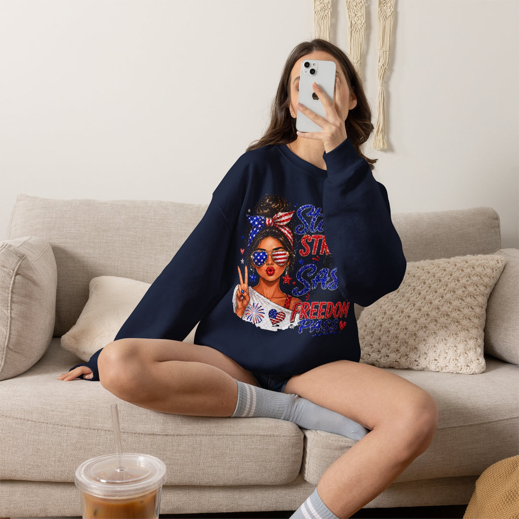 Patriotic 'Stars, Stripes & Sass' Crewneck Sweatshirt – 4th of July Freedom Pass Graphic