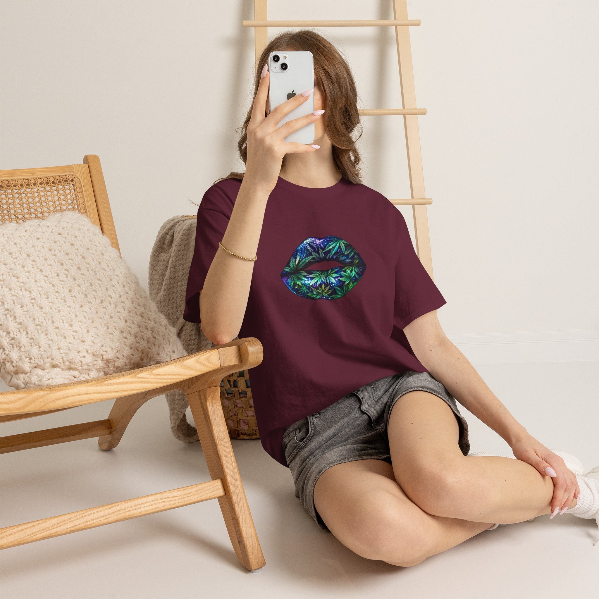 Lips Graphic Tee — Iridescent Botanical Leaf Kiss T-Shirt