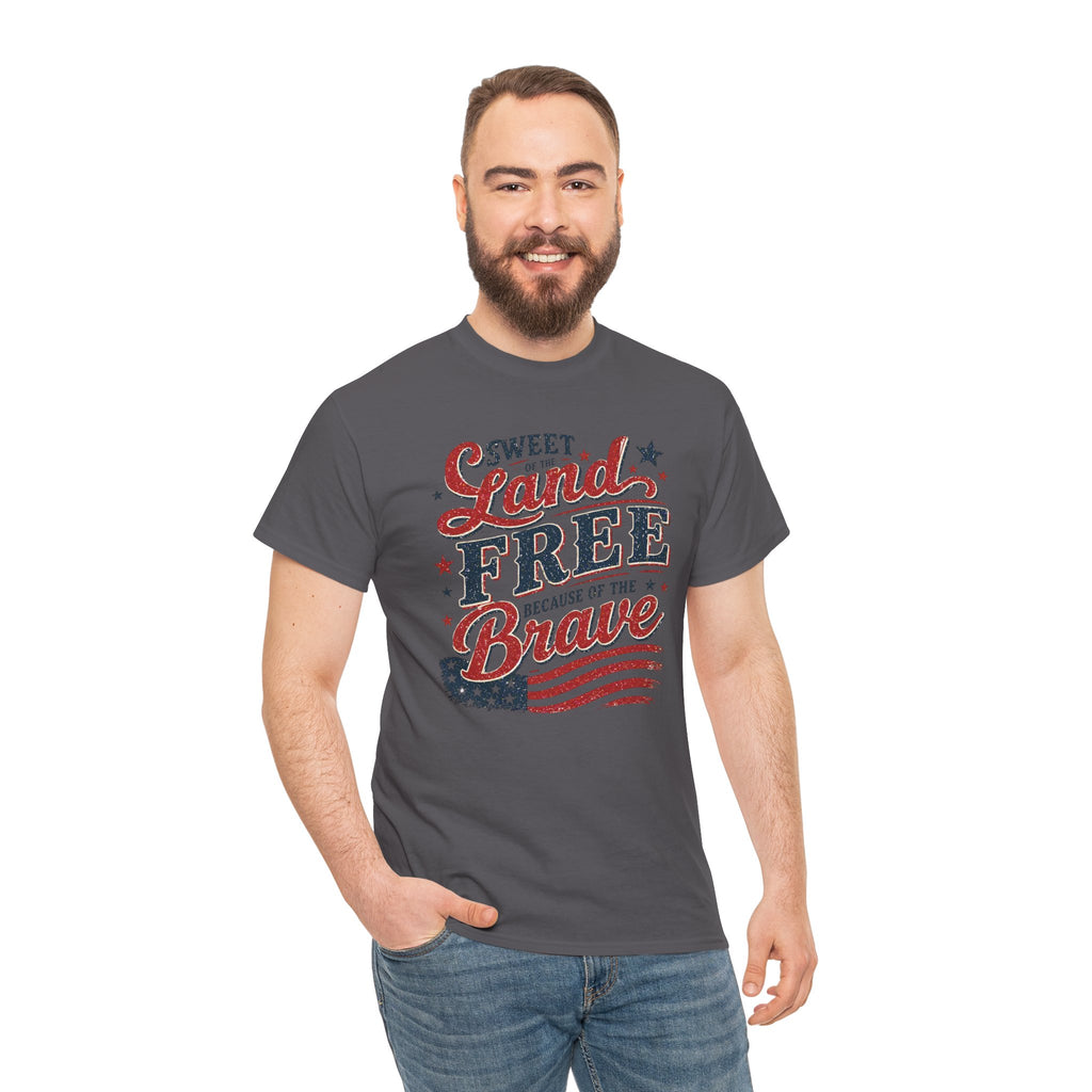 Patriotic Tee — "Sweet Land Free Because of the Brave" American Flag Shirt