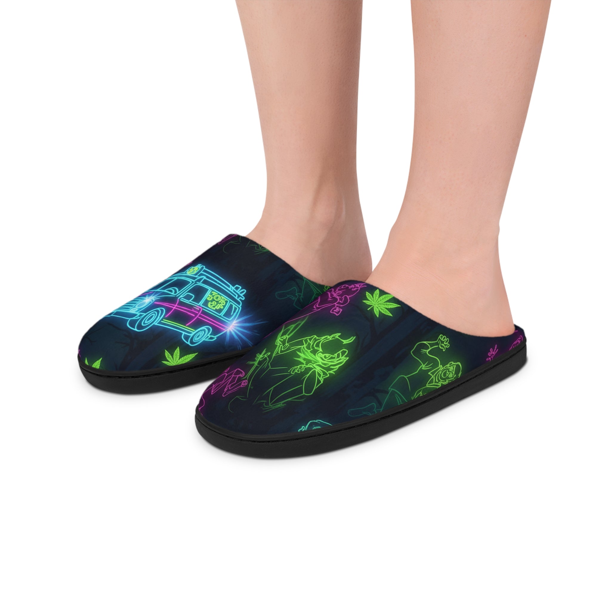 Neon Retro Drive Indoor Slippers — Women's Cozy House Shoes with Neon Car & Palm Print