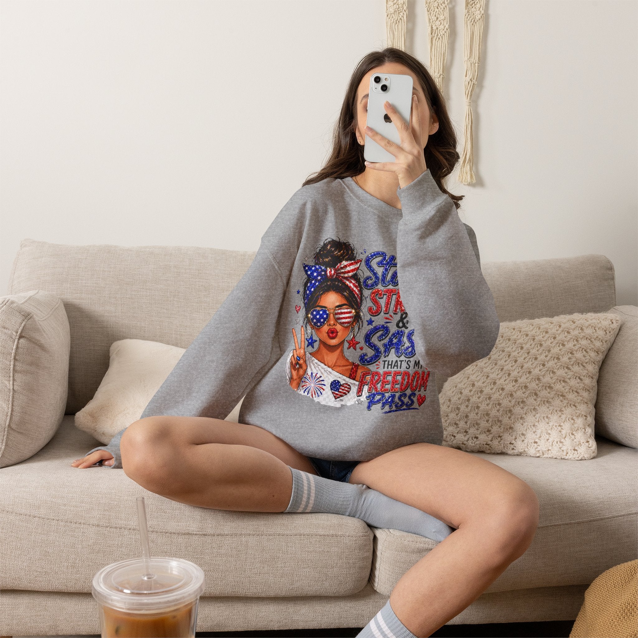 Patriotic 'Stars, Stripes & Sass' Crewneck Sweatshirt – 4th of July Freedom Pass Graphic