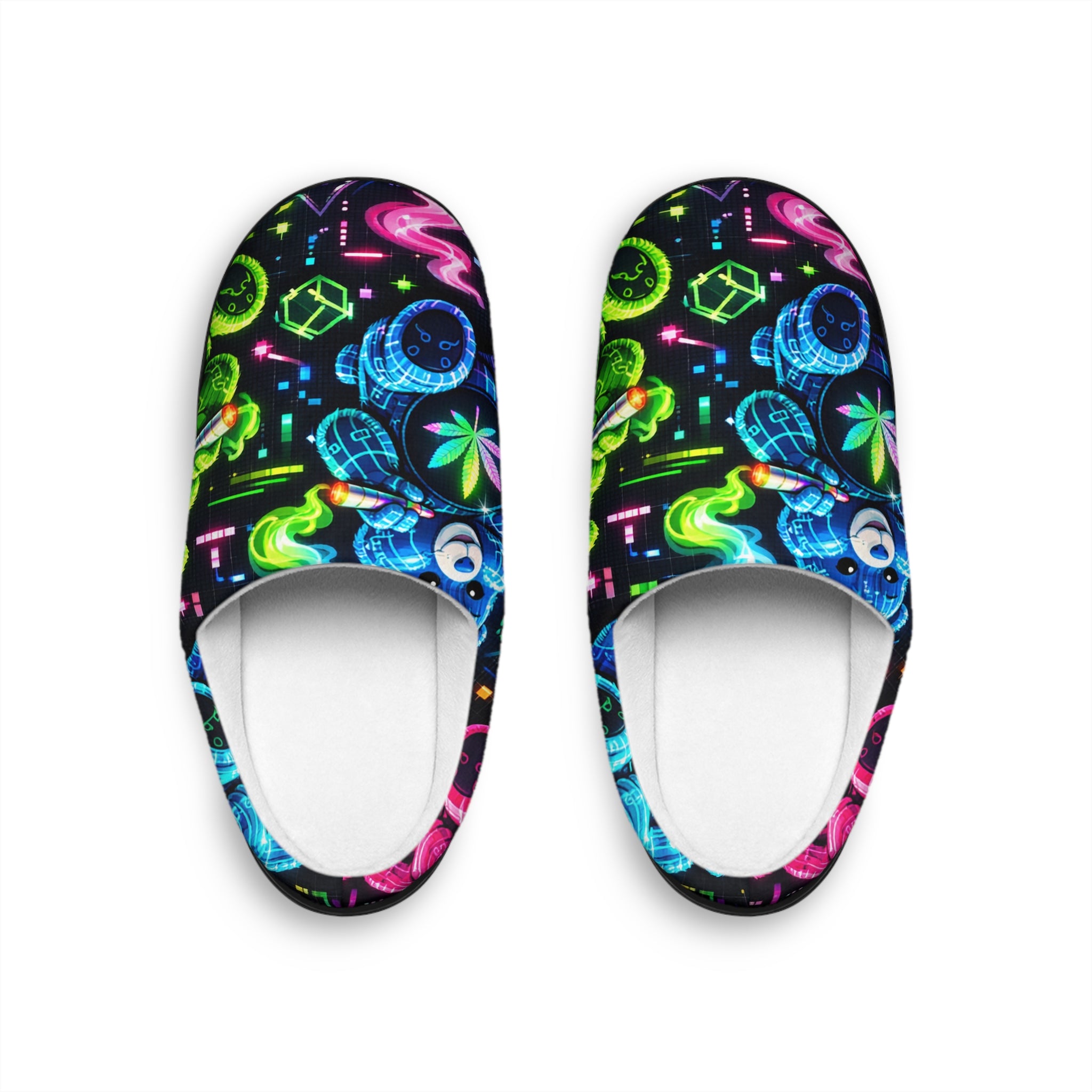Women's Neon Cannabis Slippers — Cozy Indoor Slide with Psychedelic Bear Design