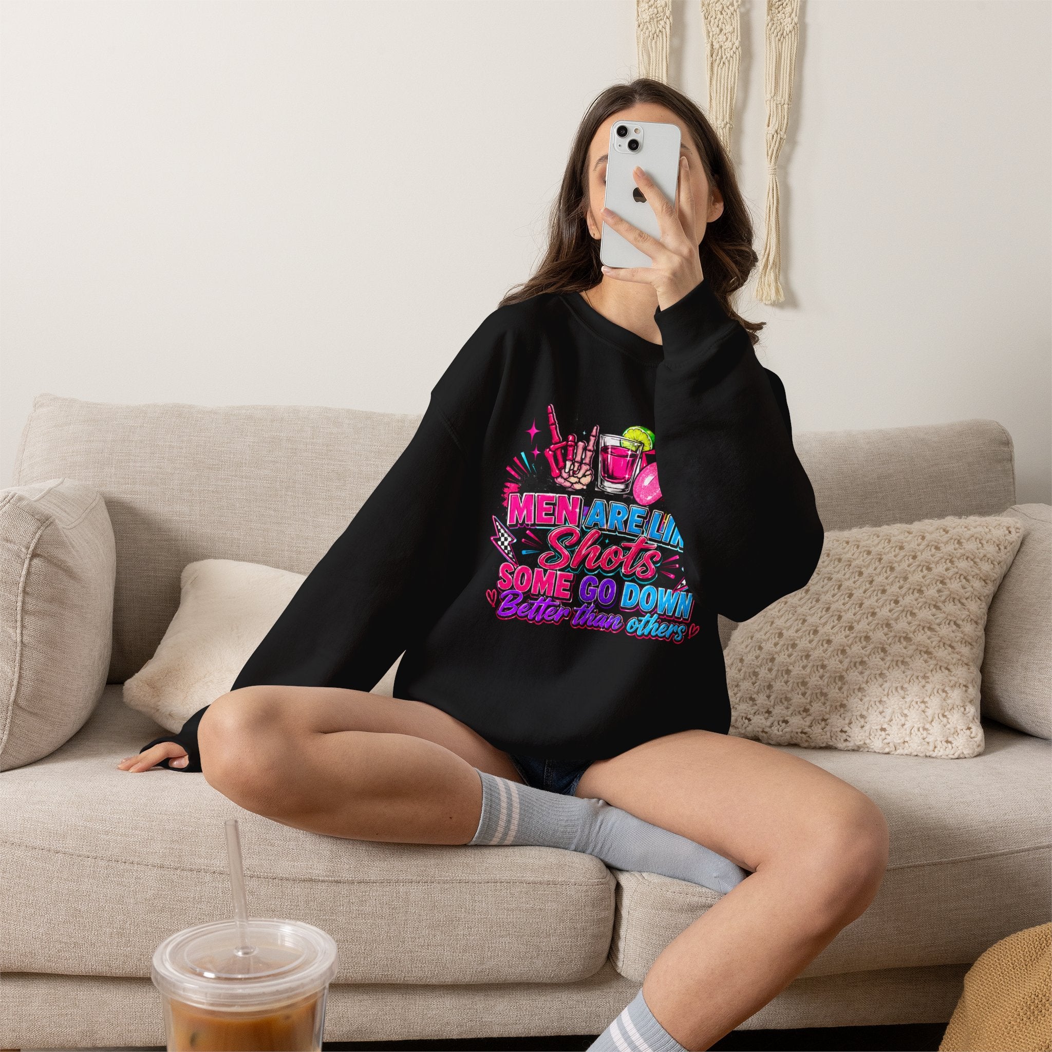 Crewneck Sweatshirt — "Men Are Like Shots" Retro Neon Cocktail Graphic
