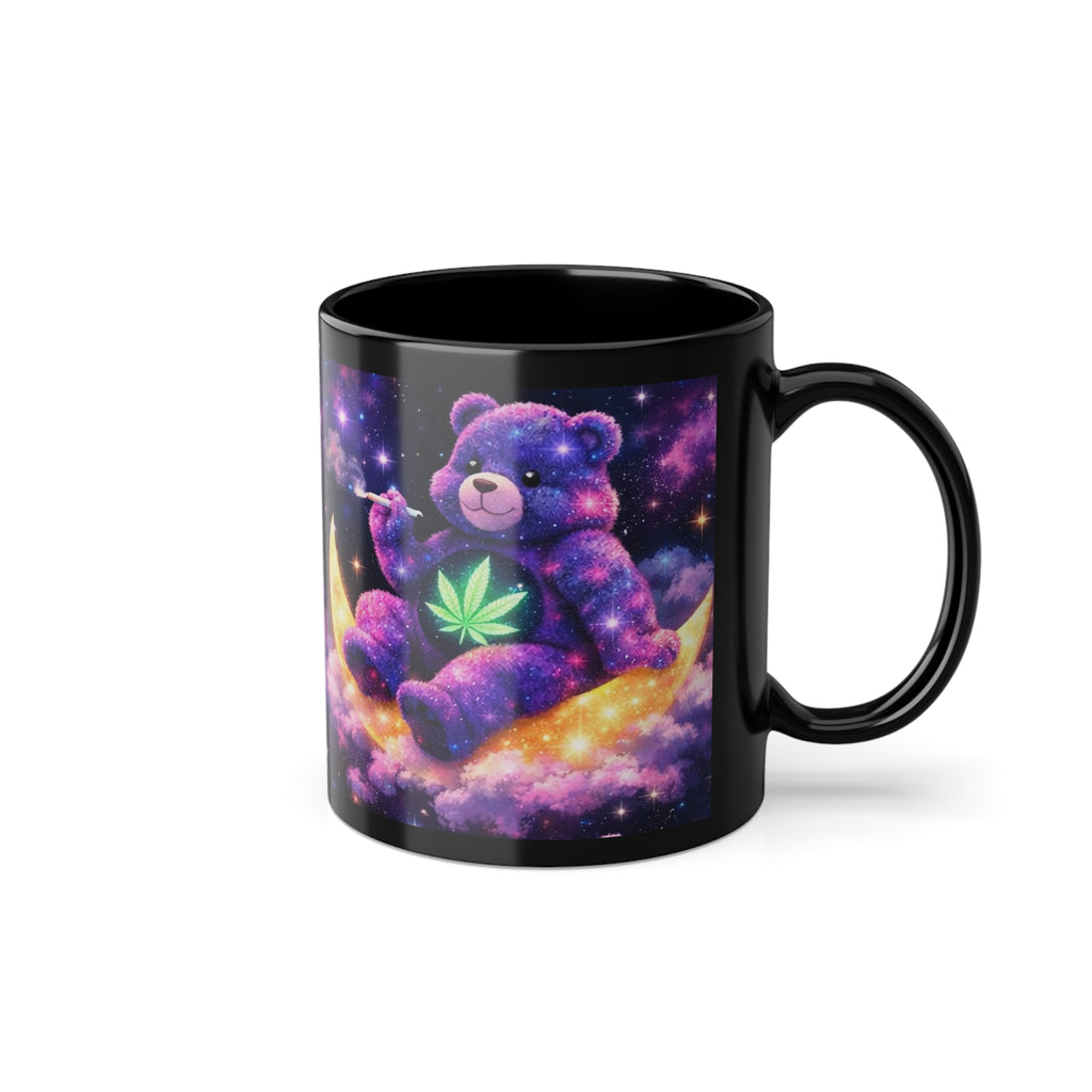Celestial Dream Cat Black Coffee Mug — 11oz Galaxy Moon Design