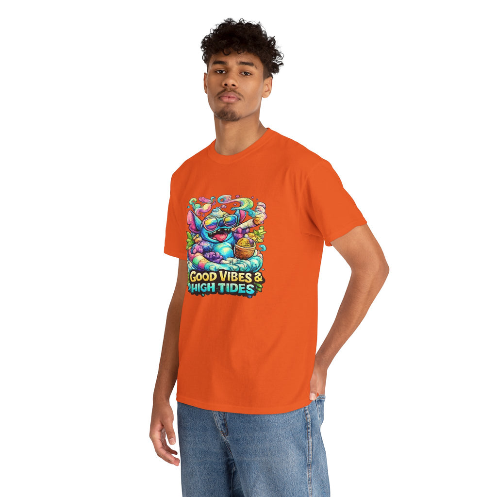 T-Shirt — "Good Vibes & High Tides" Colorful Surf Shark Graphic Tee