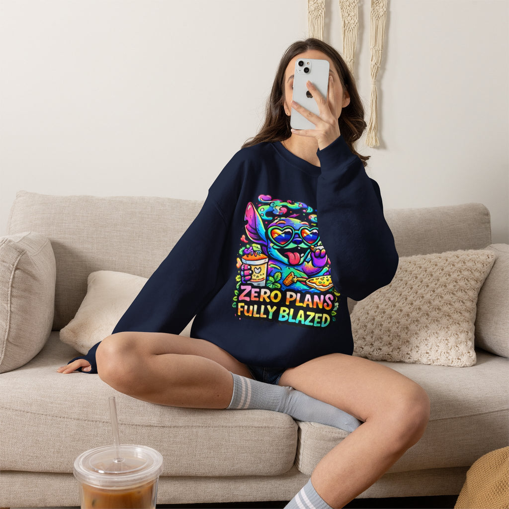 Crewneck Sweatshirt — "Zero Plans Fully Blazed" Colorful Stoner Cartoon Graphic