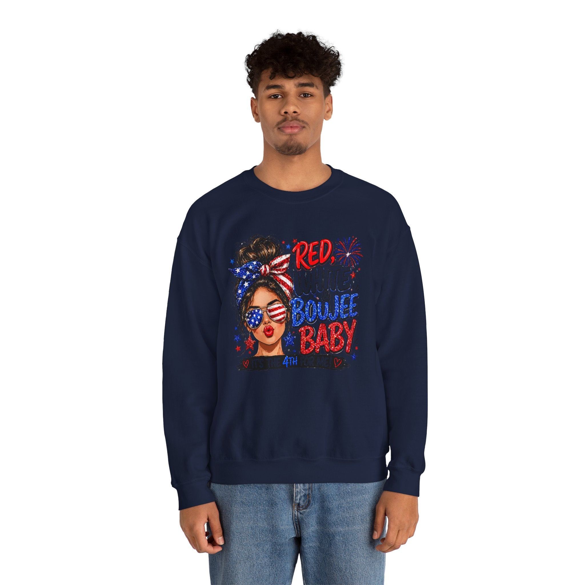 Crewneck Sweatshirt — "Red White Boujee Baby" Patriotic Women's 4th of July Graphic