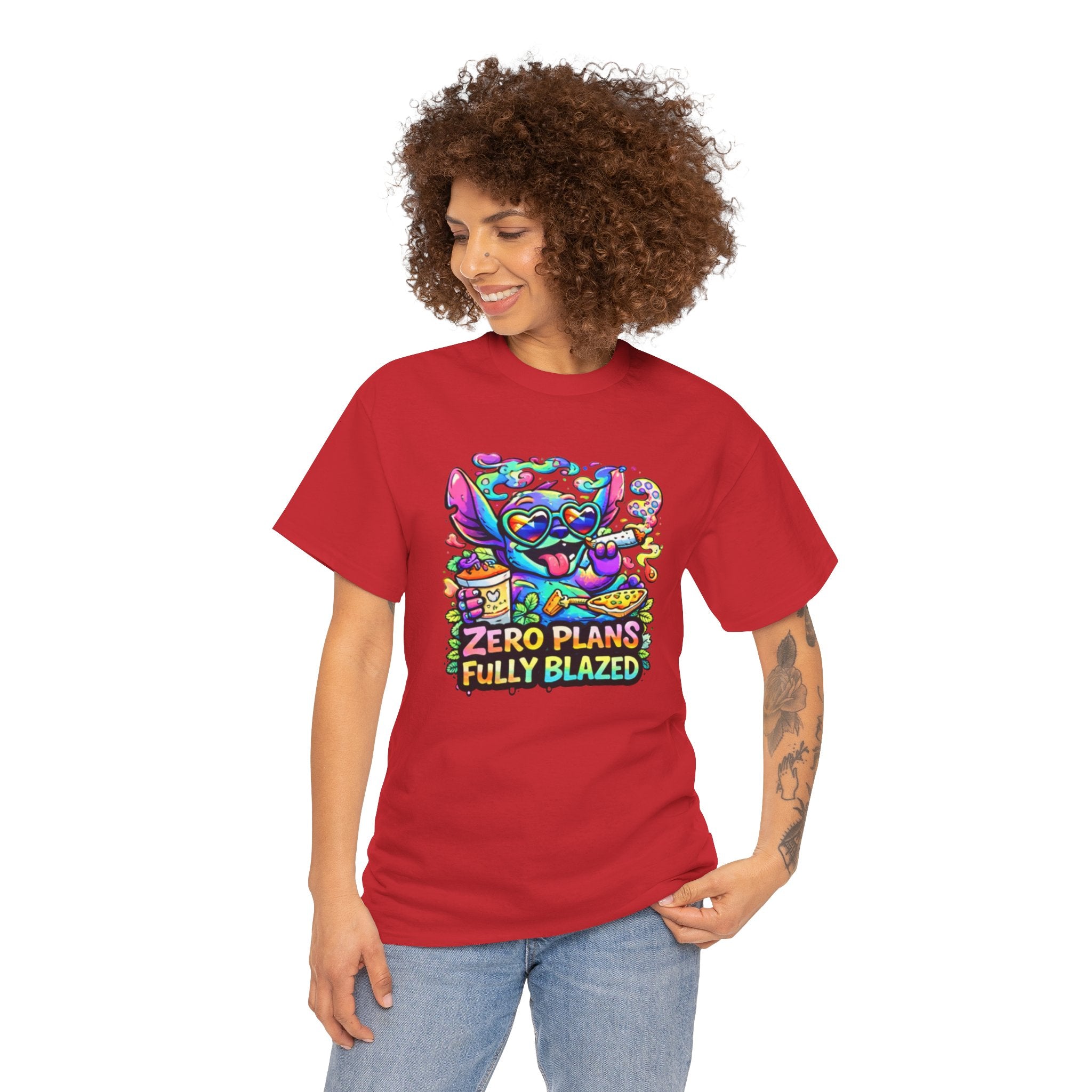 Zero Plans Fully Blazed Tee — Colorful Stoner Cat Graphic T-Shirt