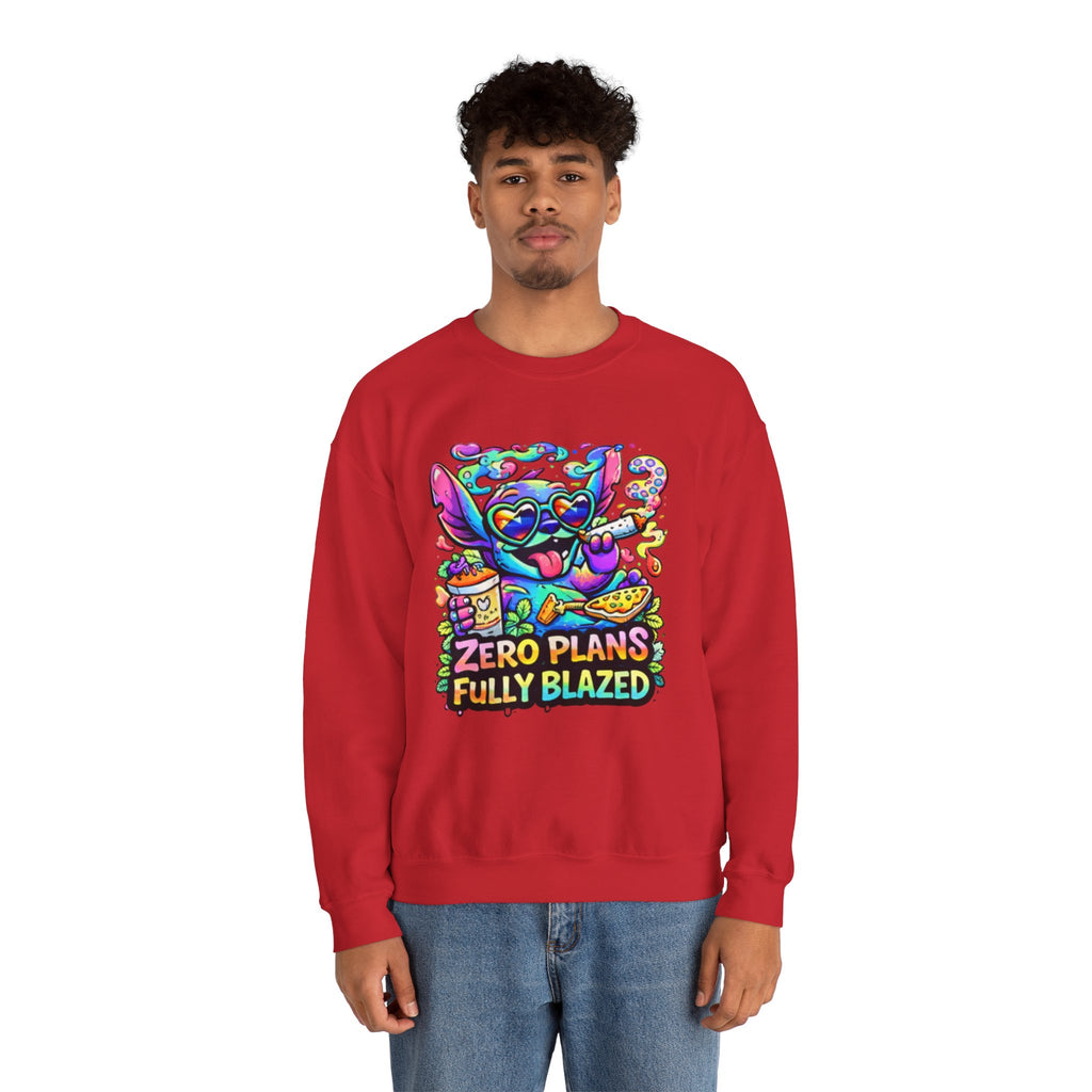 Crewneck Sweatshirt — "Zero Plans Fully Blazed" Colorful Stoner Cartoon Graphic