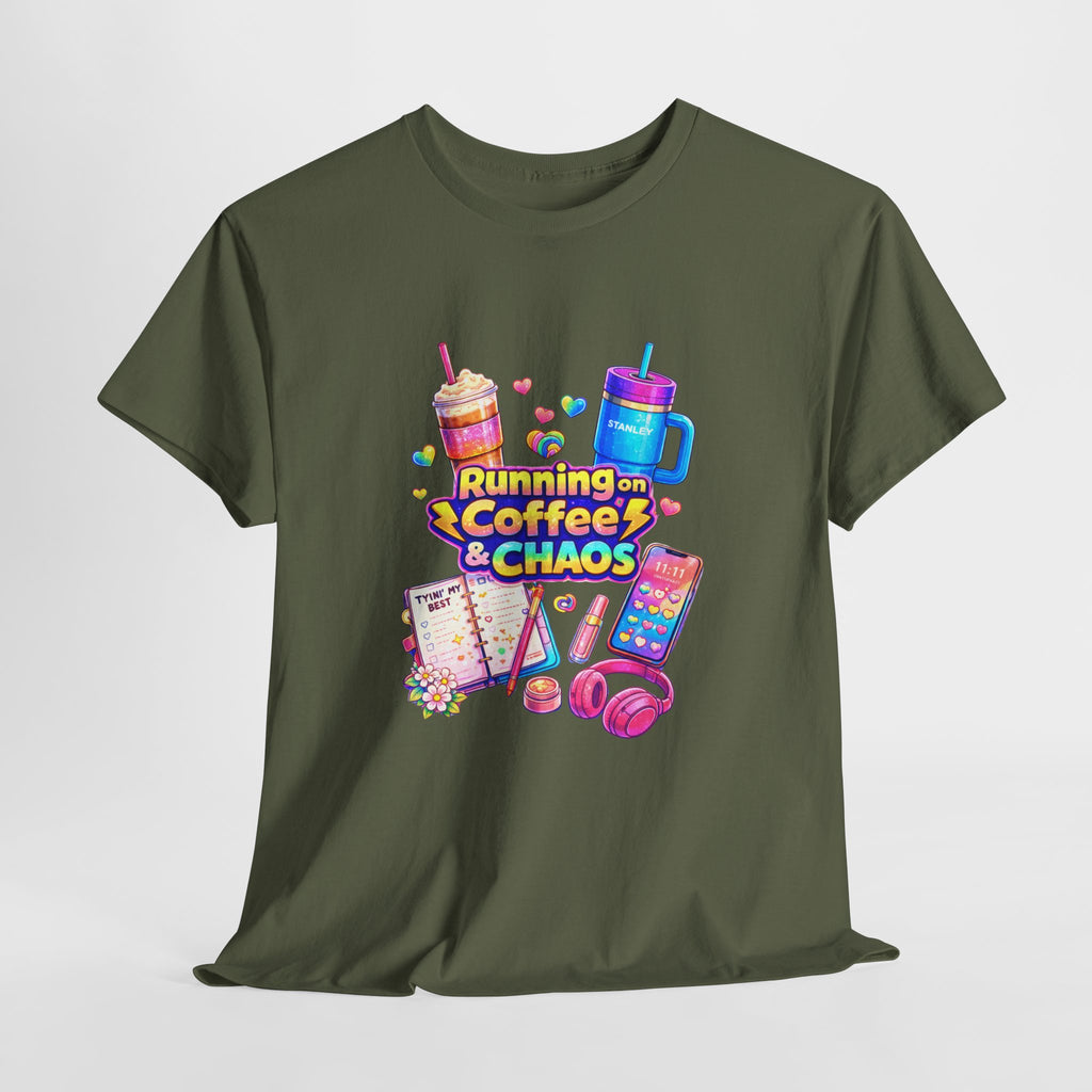 Graphic Tee — "Running on Coffee & Chaos" Colorful Planner Lover Shirt