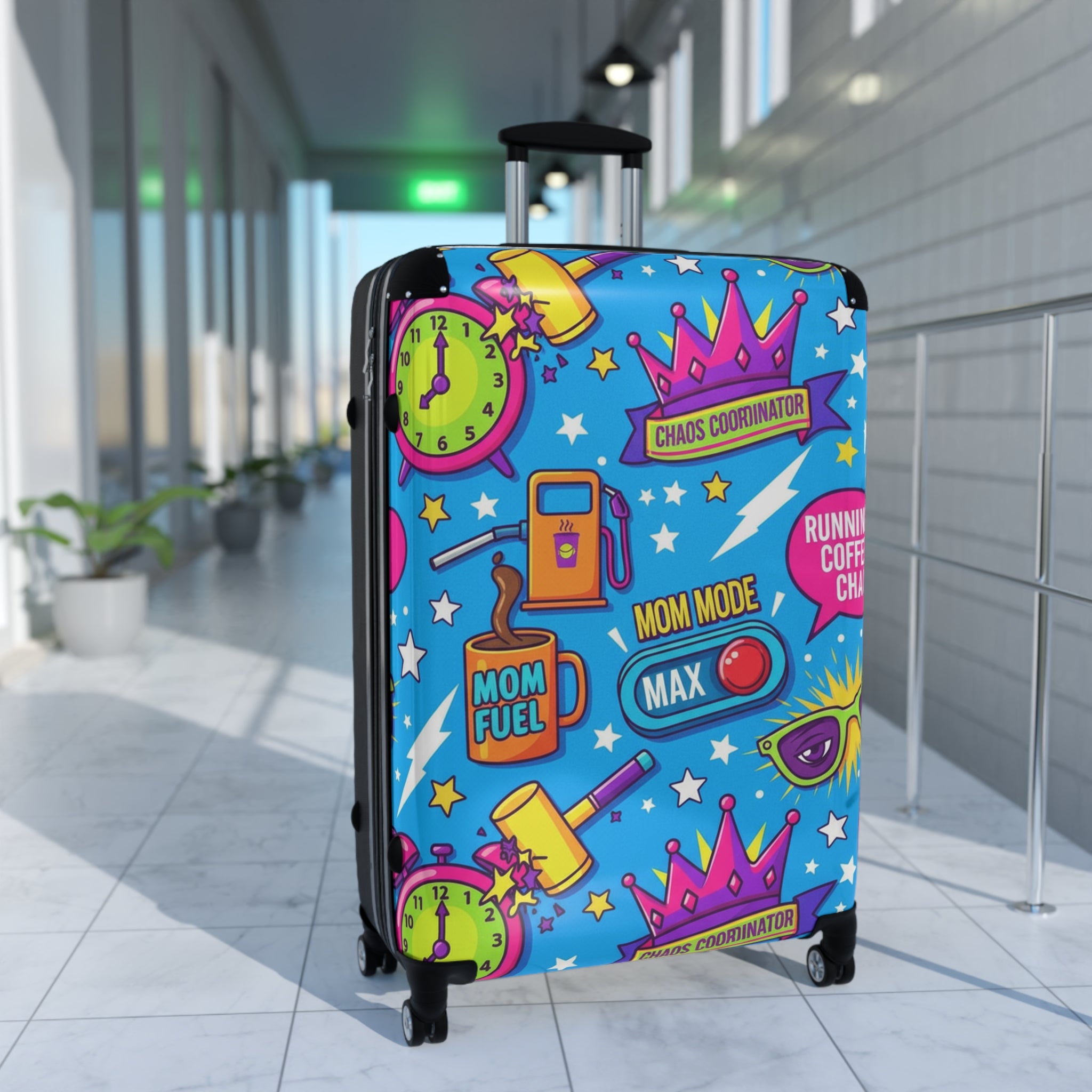 Mom Fuel Suitcase – Colorful Travel Luggage with 'Mom Mode' & 'Chaos Coordinator' Pop-Art Design