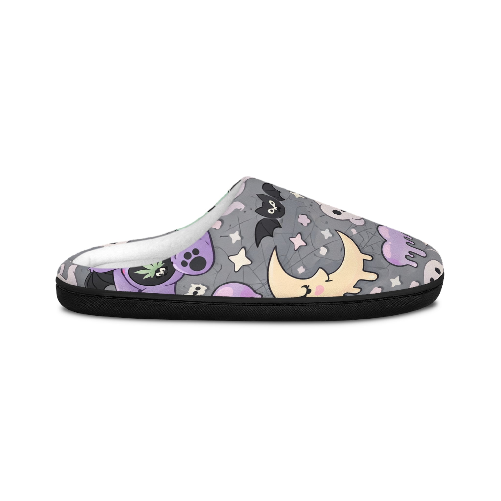 Ghostly Night Women's Indoor Slippers — Cute Pastel Halloween Ghosts & Moon Pattern