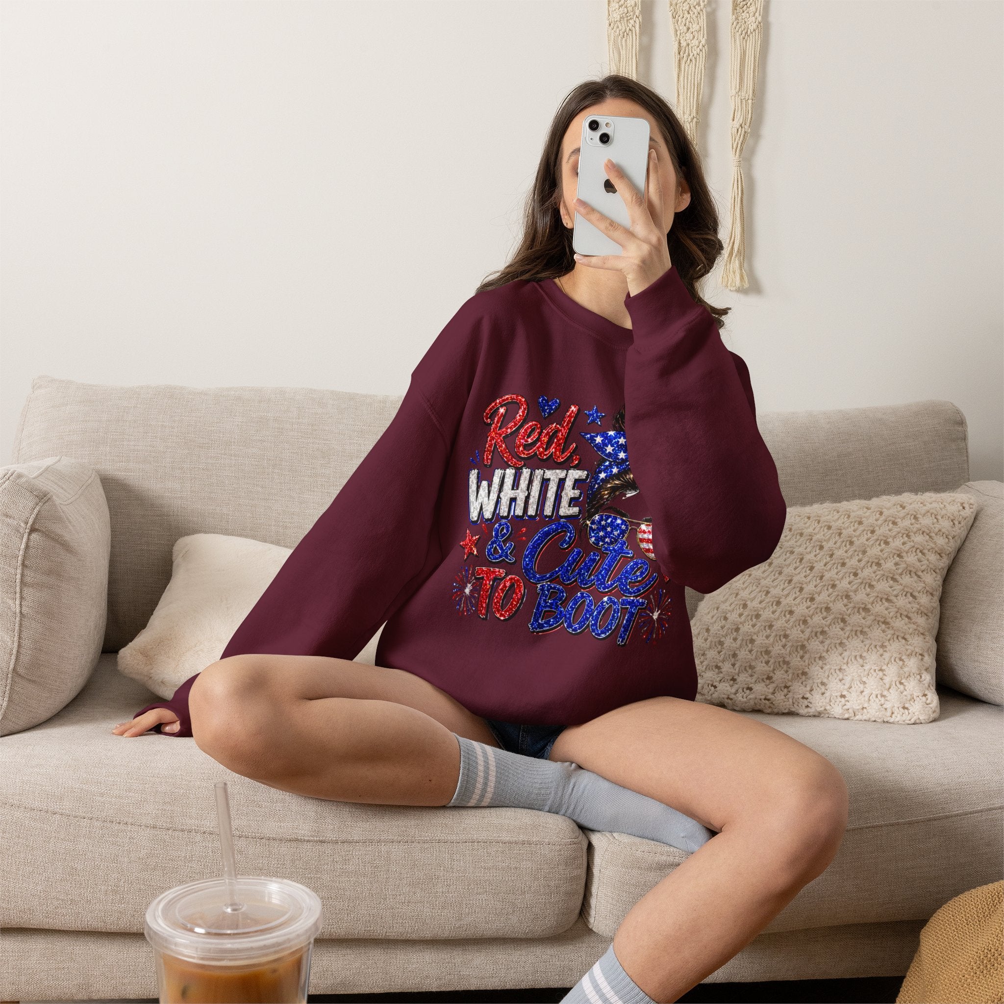 Crewneck Sweatshirt - "Red, White & Cute to Boot" Patriotic Women’s Graphic