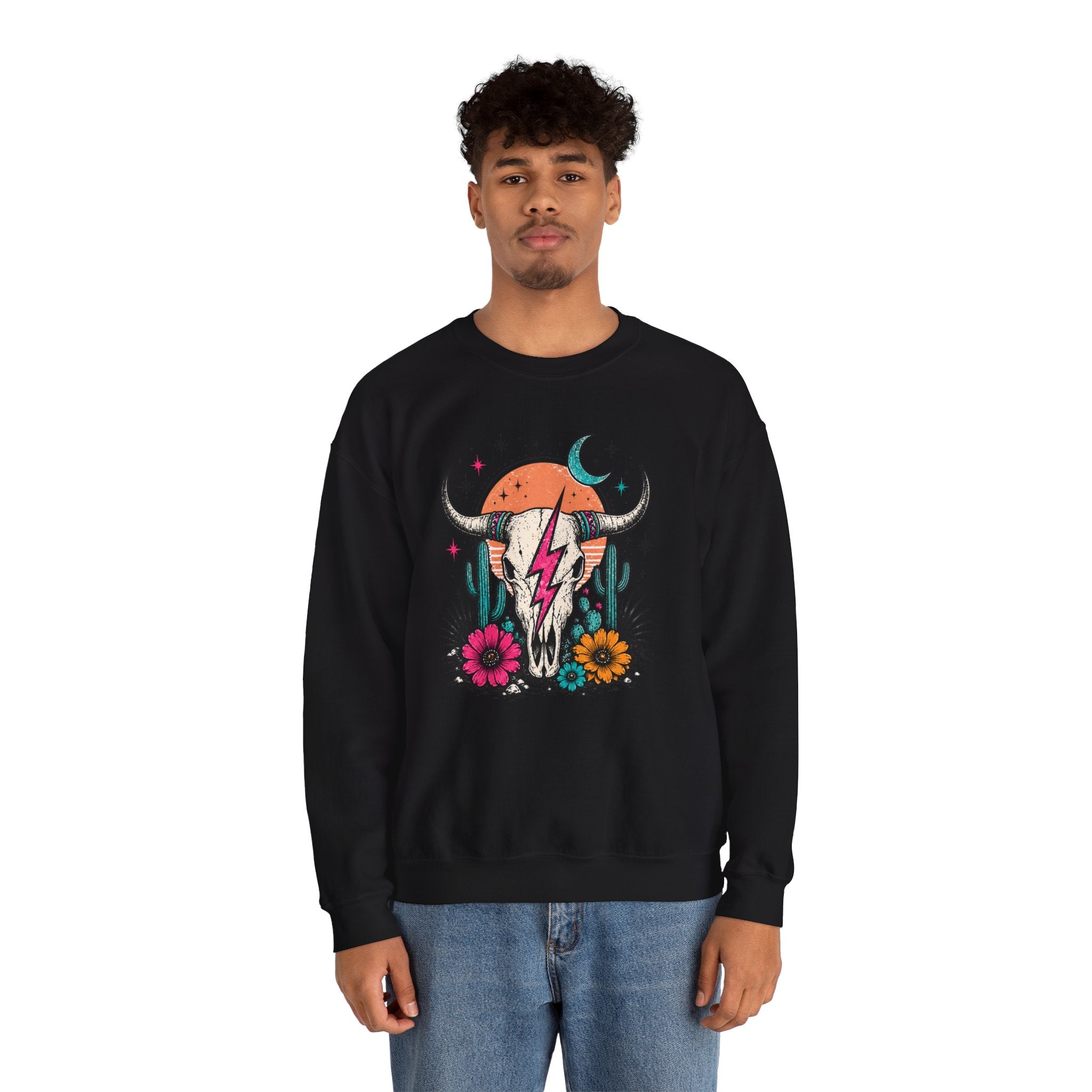 Southwest Skull Crewneck Sweatshirt — Desert Cactus Lightning Graphic