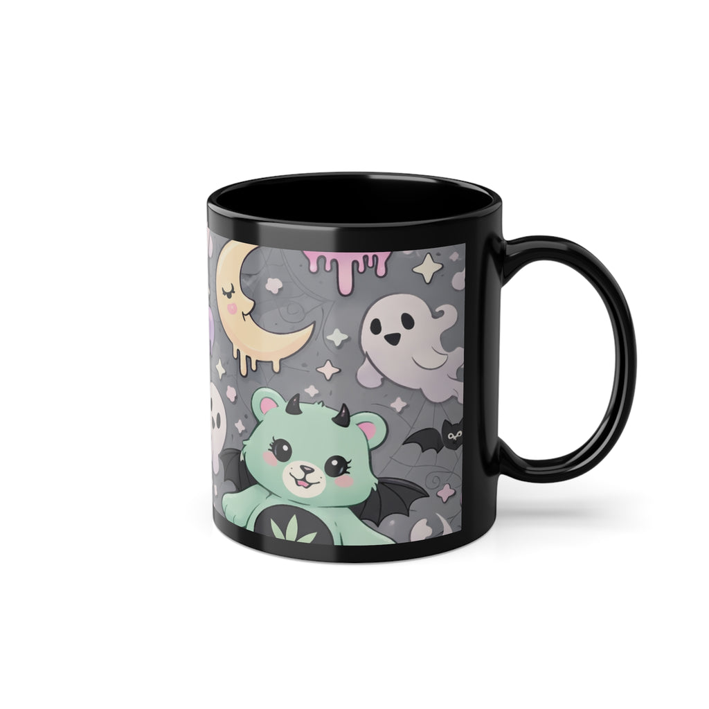 Ghostly Kawaii Pattern Coffee Mug — Cute Pastel Halloween 11oz Black Cup