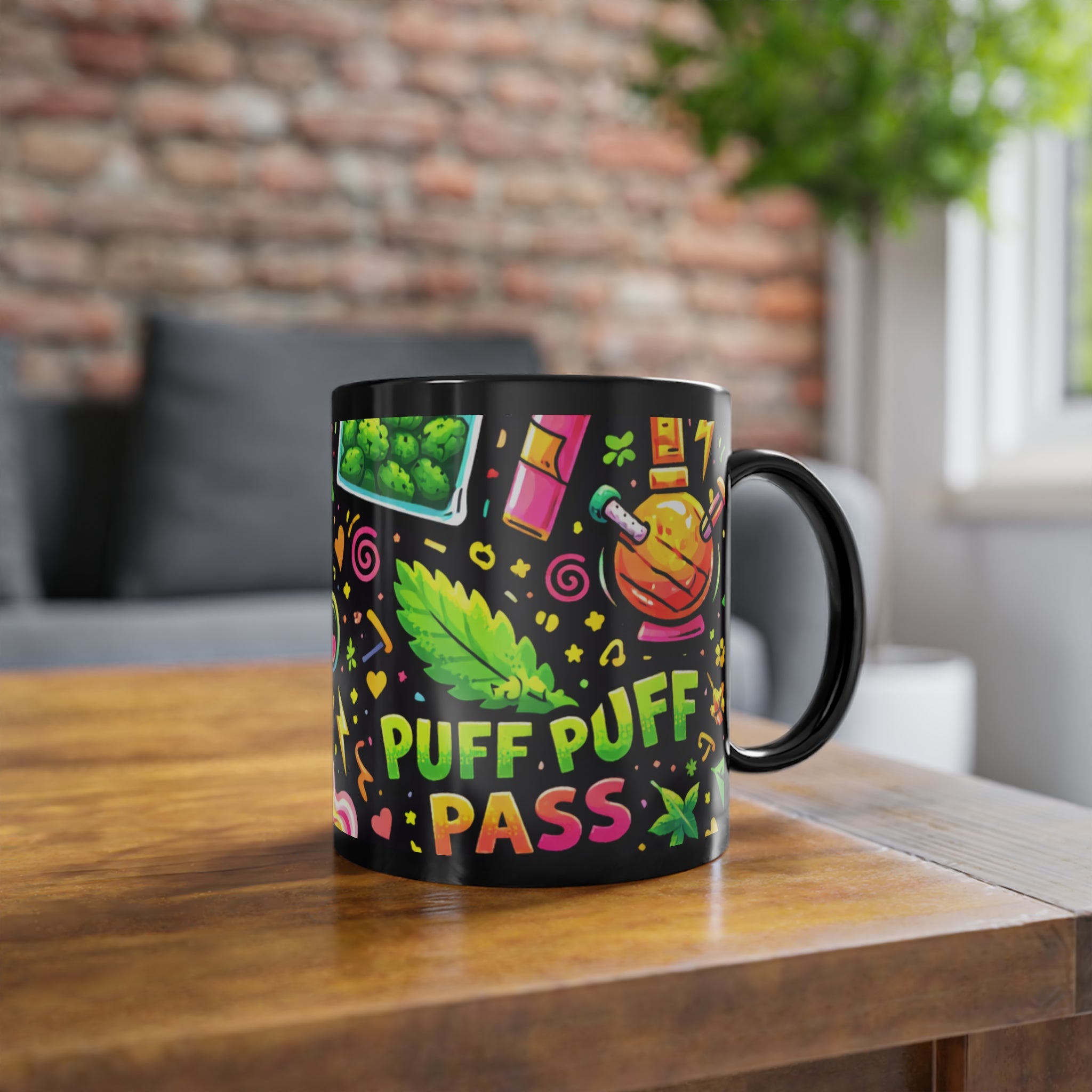 Puff Party Black Coffee Mug — 11oz Colorful Cannabis Doodles & 'Puff Puff Pass' Design