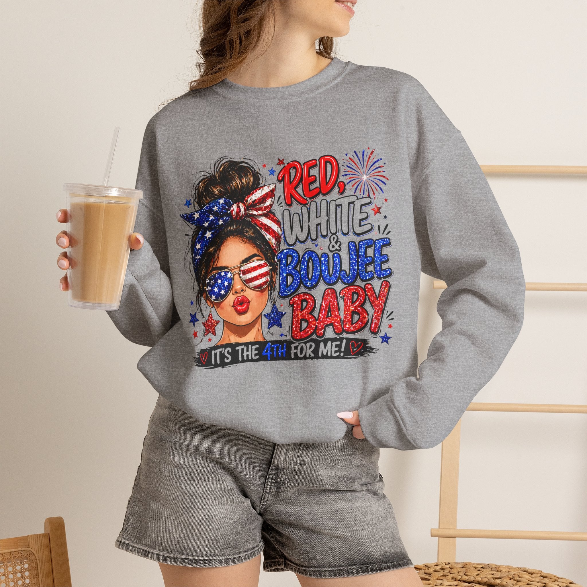 Crewneck Sweatshirt — "Red White Boujee Baby" Patriotic Women's 4th of July Graphic