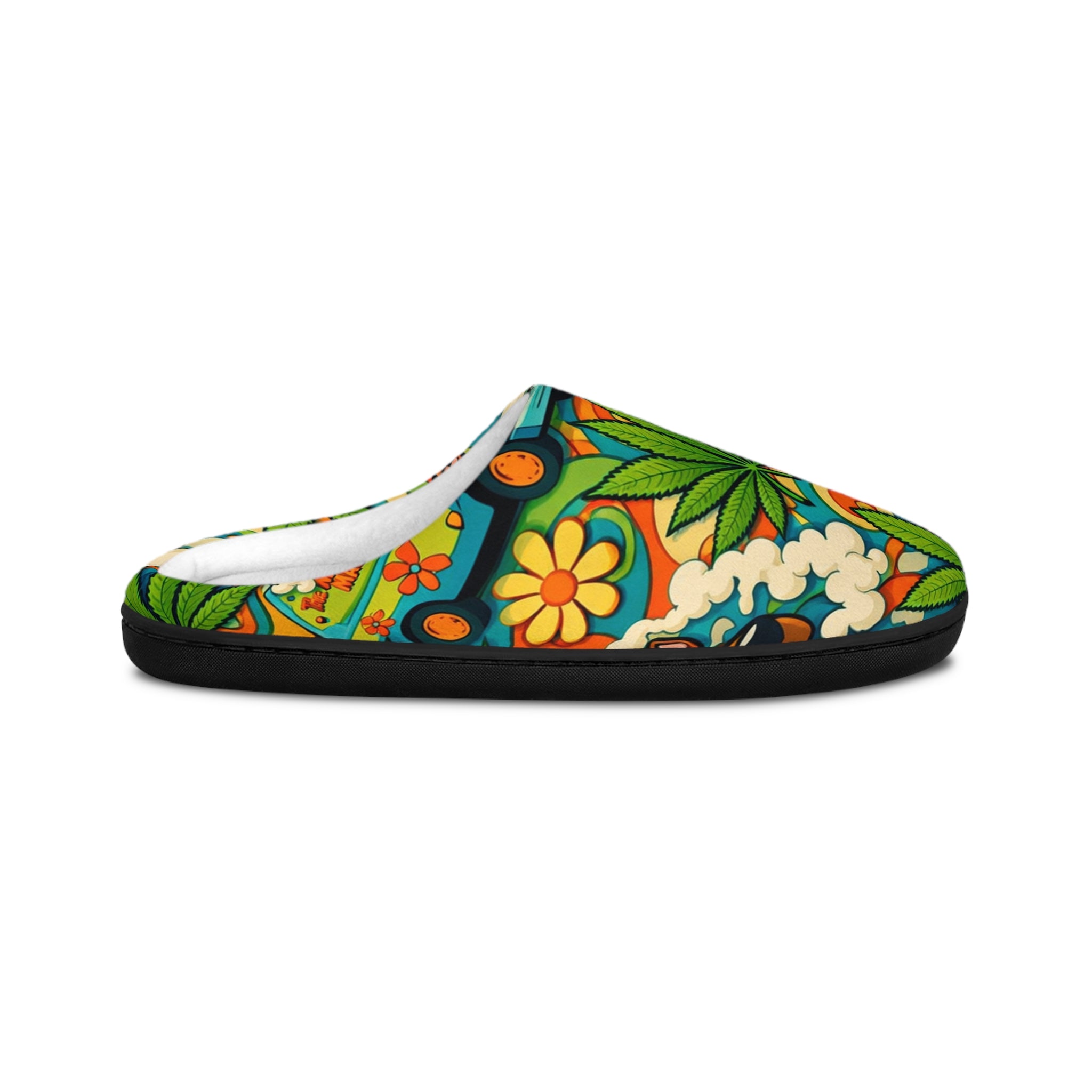 Psychedelic Floral Camper Indoor Slippers — Retro Hippie Van & Cannabis Leaf Print