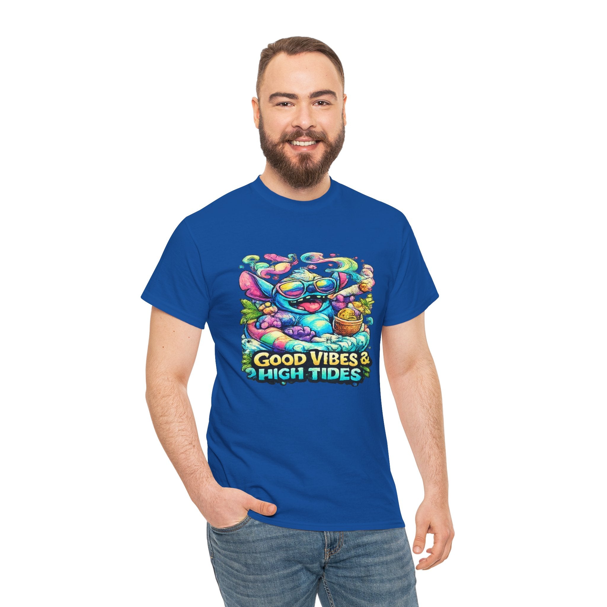 T-Shirt — "Good Vibes & High Tides" Colorful Surf Shark Graphic Tee