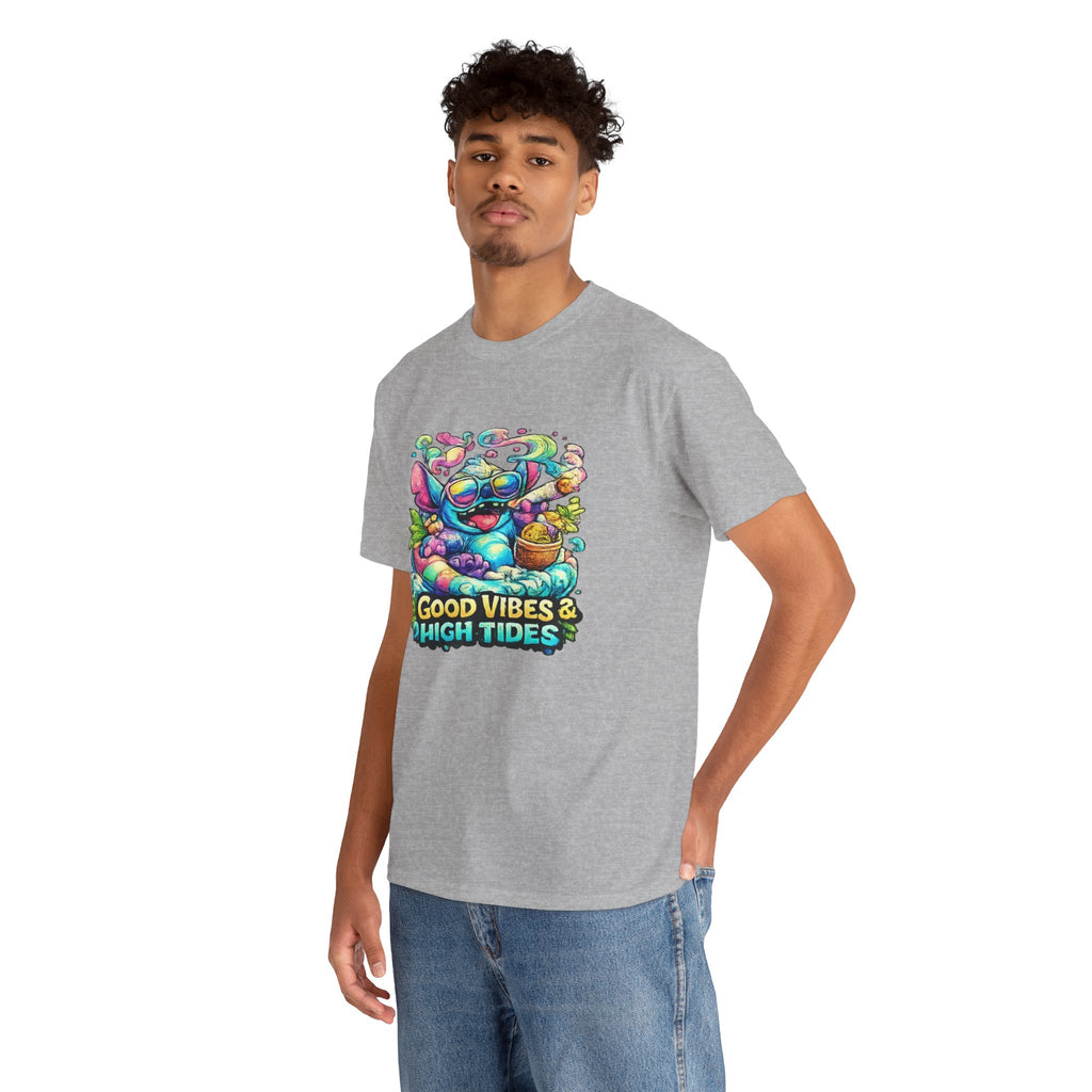 T-Shirt — "Good Vibes & High Tides" Colorful Surf Shark Graphic Tee
