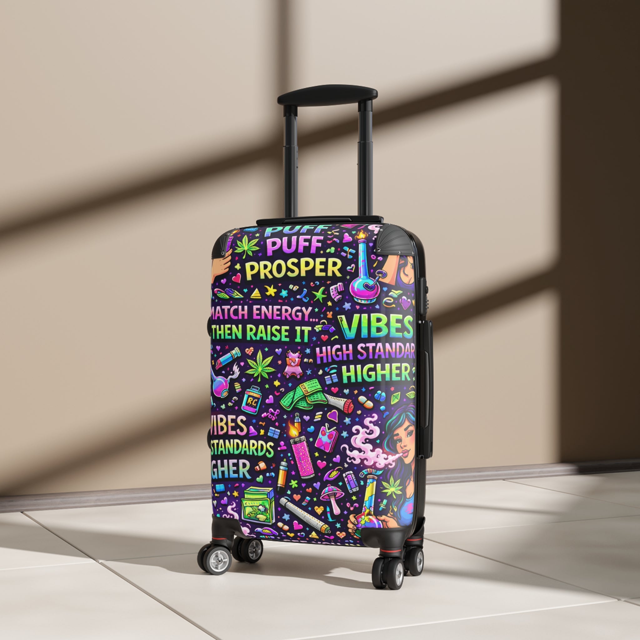 Suitcase - "Puff Prosper" Neon Travel Carry-On with Vibe & Good Energy Design