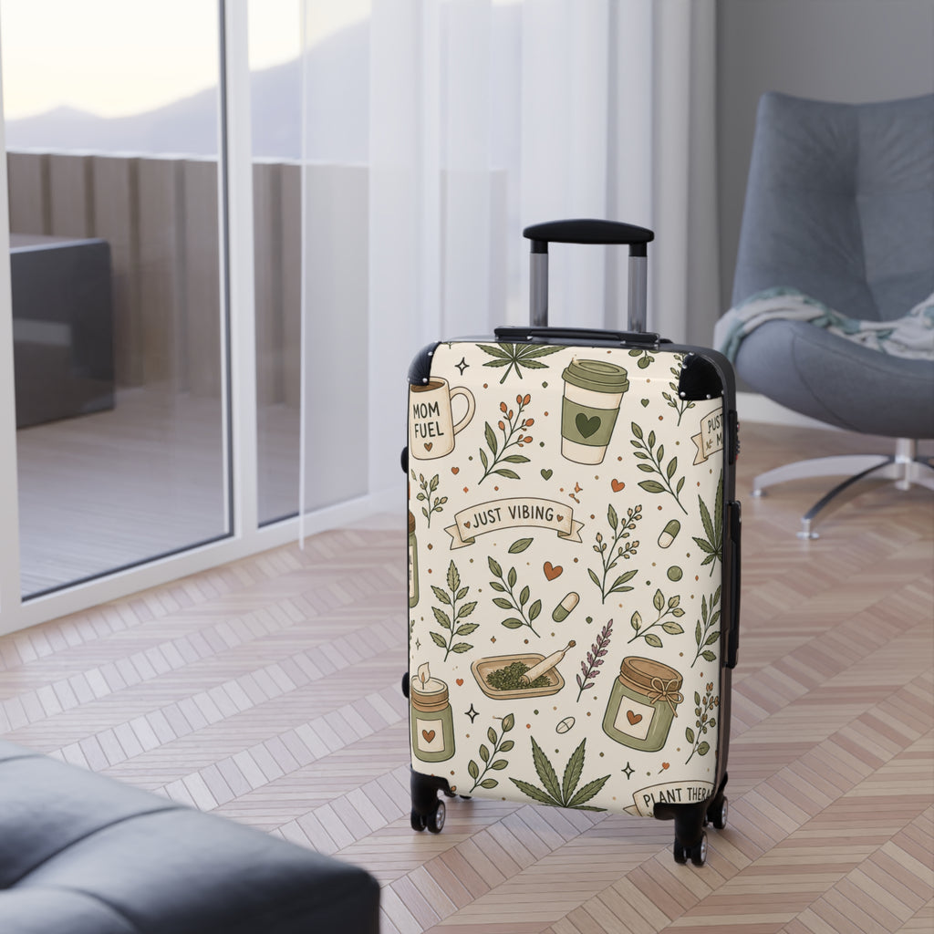 Suitcase — "Just Vibing" Mom Fuel Travel Luggage with Botanical Coffee & Hemp Pattern