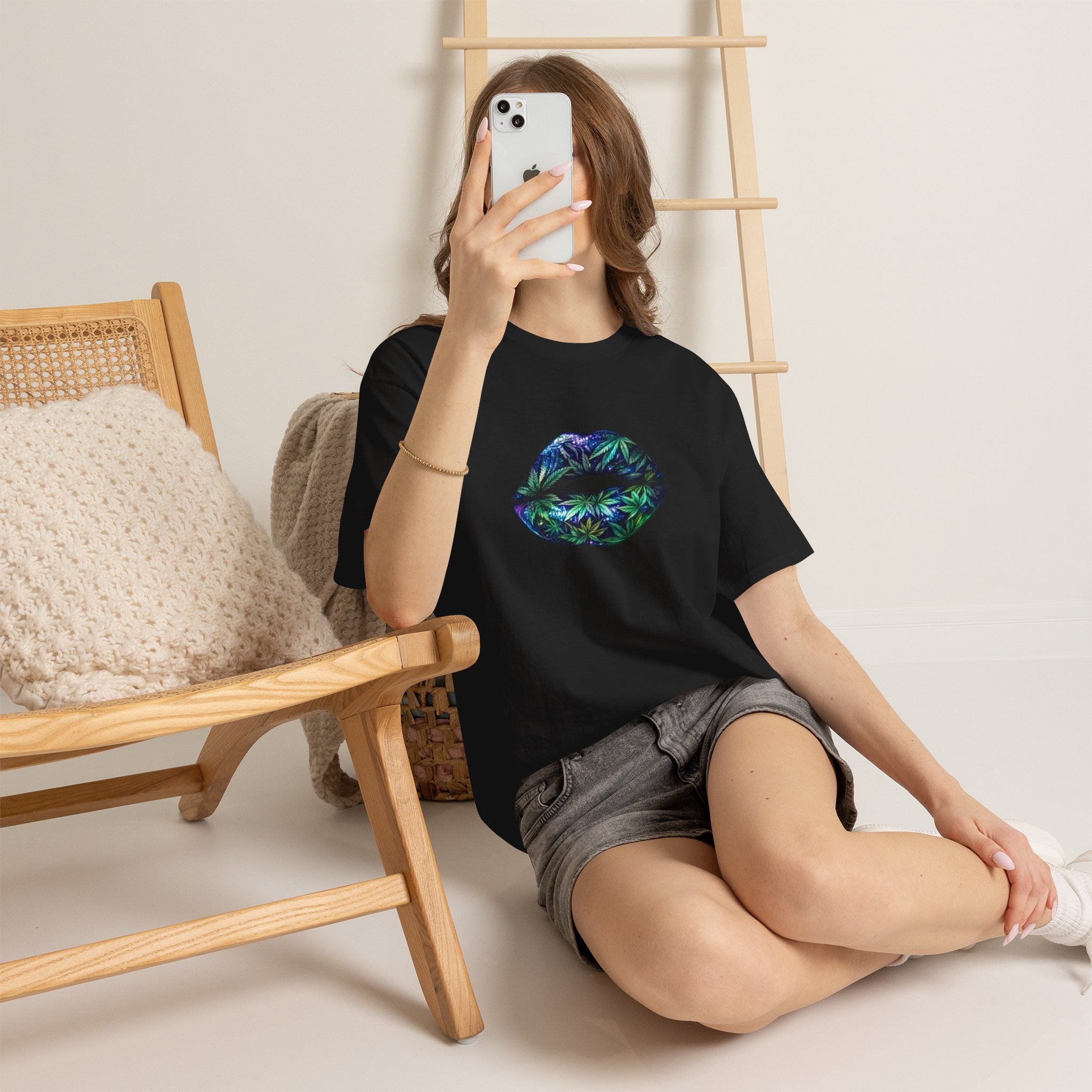 Lips Graphic Tee — Iridescent Botanical Leaf Kiss T-Shirt