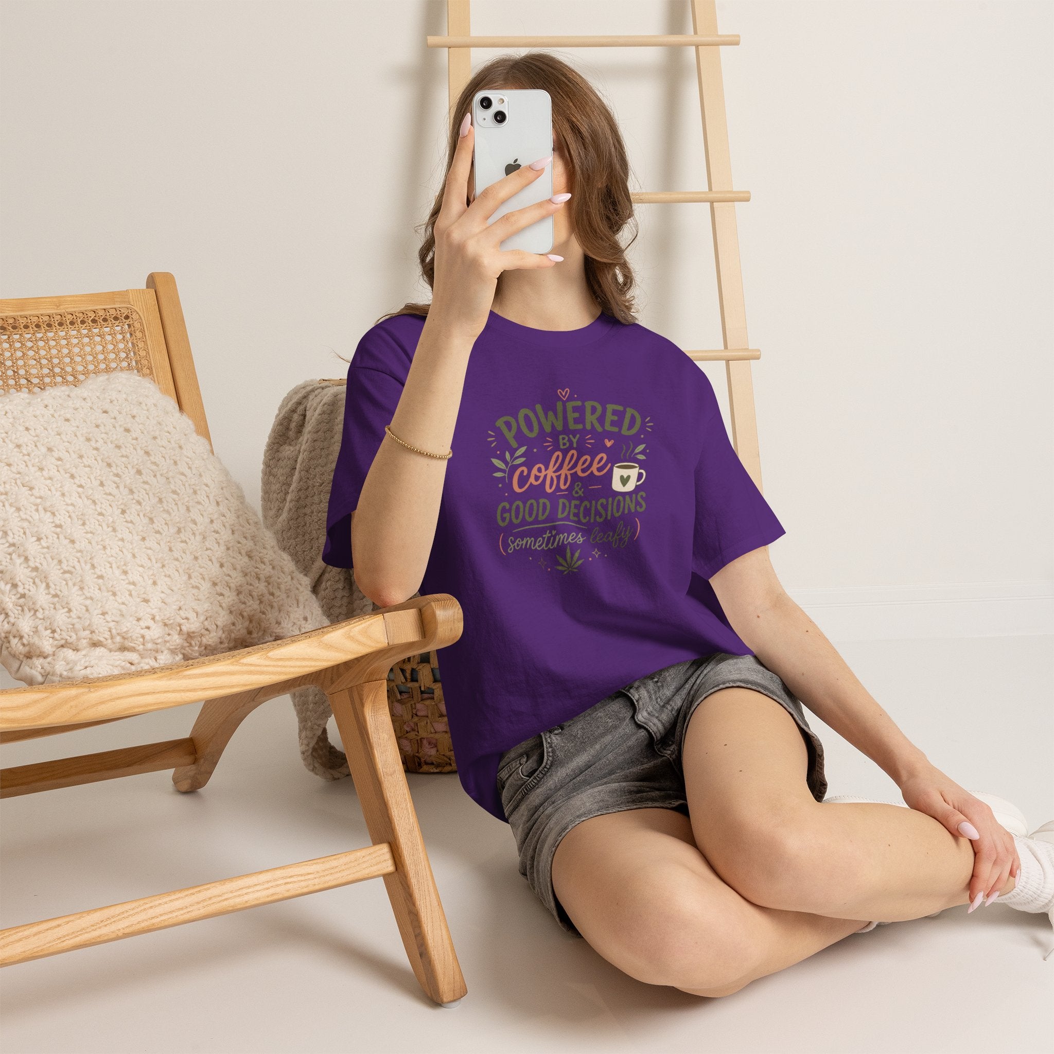 Coffee & Good Decisions T-Shirt — "Powered by Coffee & Good Decisions (Sometimes Leafy)"