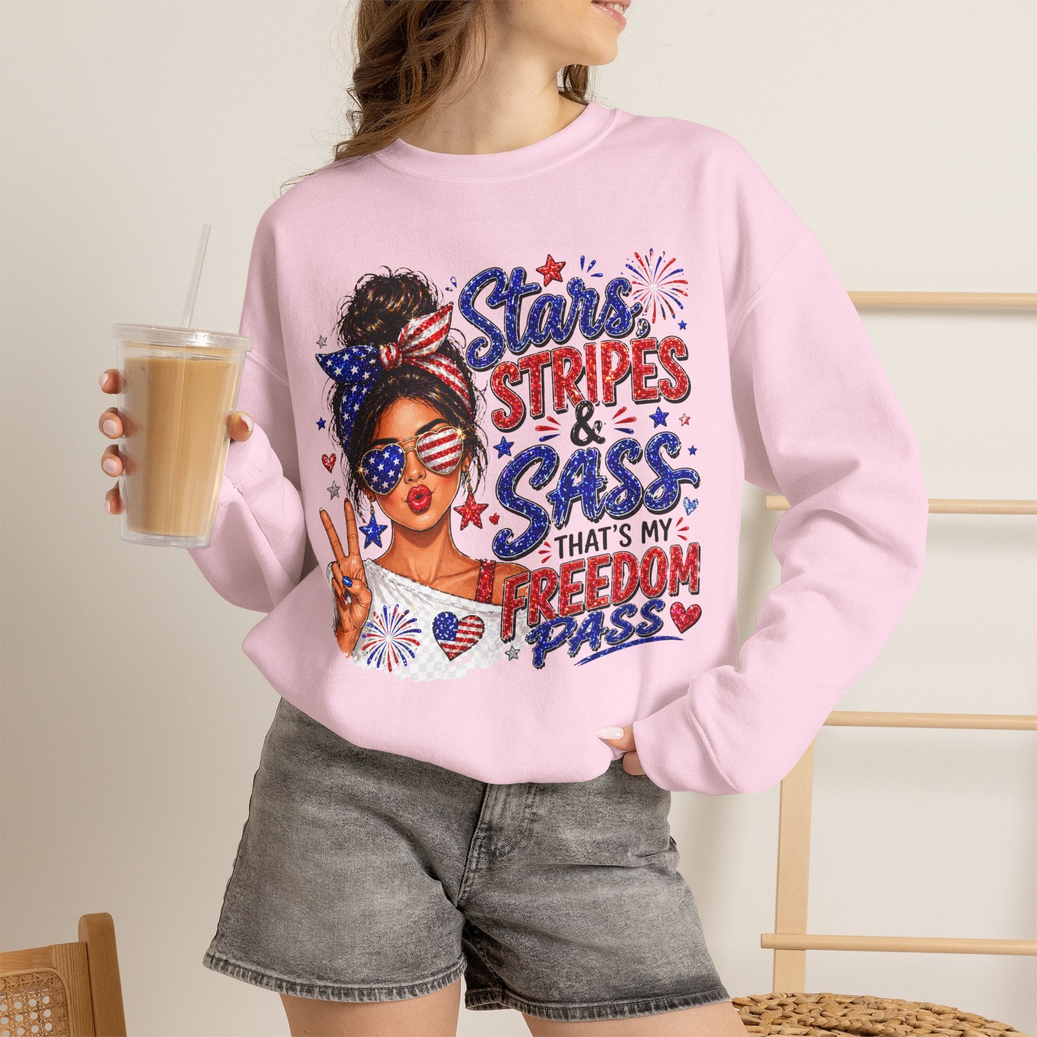 Patriotic 'Stars, Stripes & Sass' Crewneck Sweatshirt – 4th of July Freedom Pass Graphic