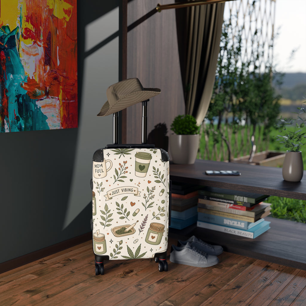 Suitcase — "Just Vibing" Mom Fuel Travel Luggage with Botanical Coffee & Hemp Pattern