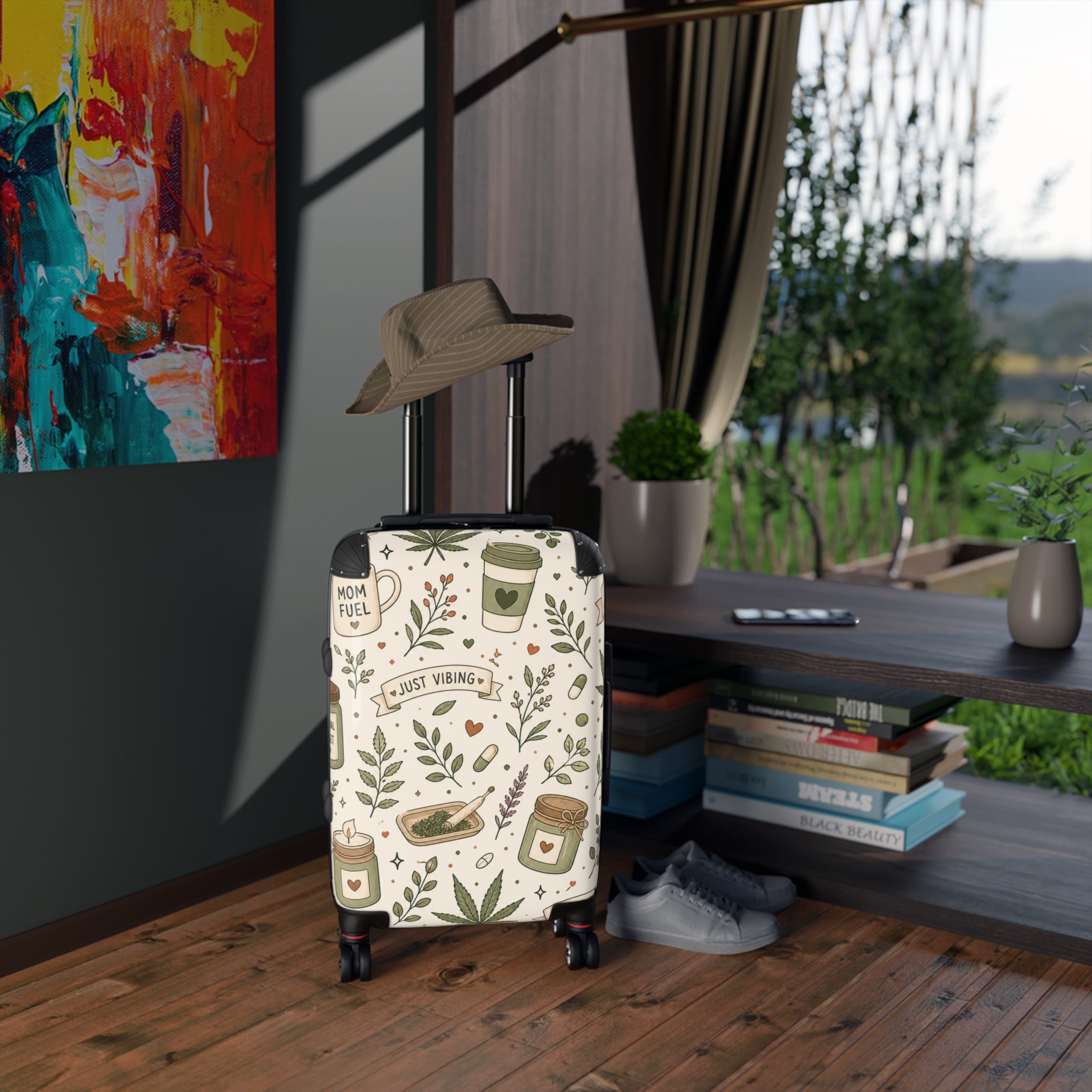 Suitcase — "Just Vibing" Mom Fuel Travel Luggage with Botanical Coffee & Hemp Pattern