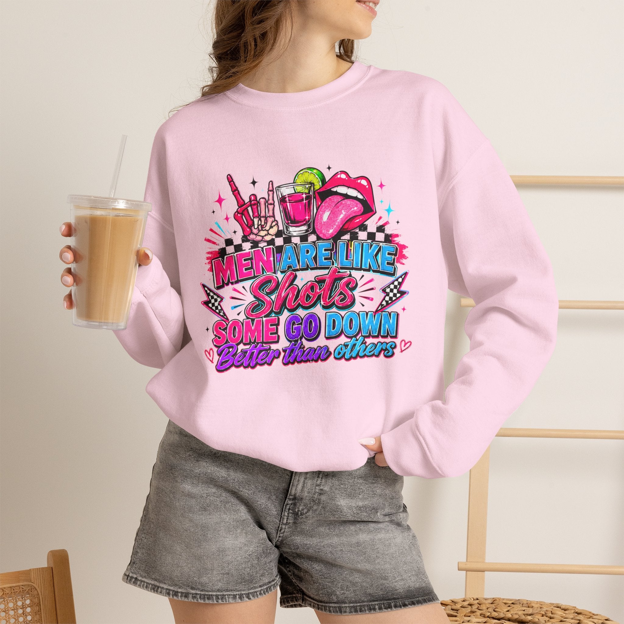 Crewneck Sweatshirt — "Men Are Like Shots" Retro Neon Cocktail Graphic