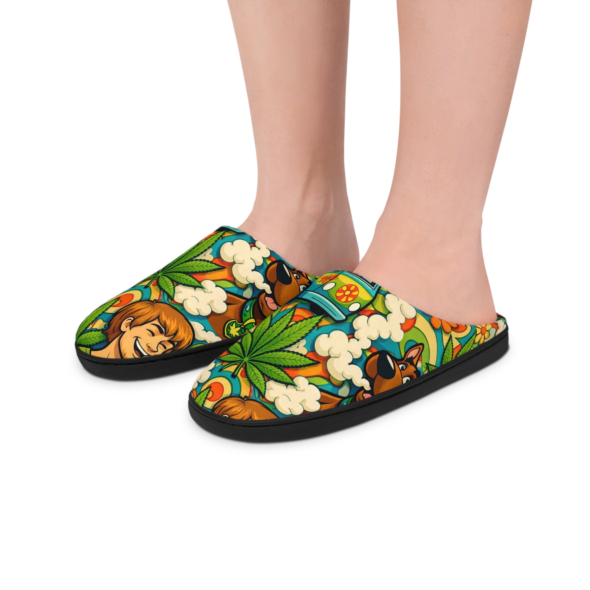 Psychedelic Floral Camper Indoor Slippers — Retro Hippie Van & Cannabis Leaf Print