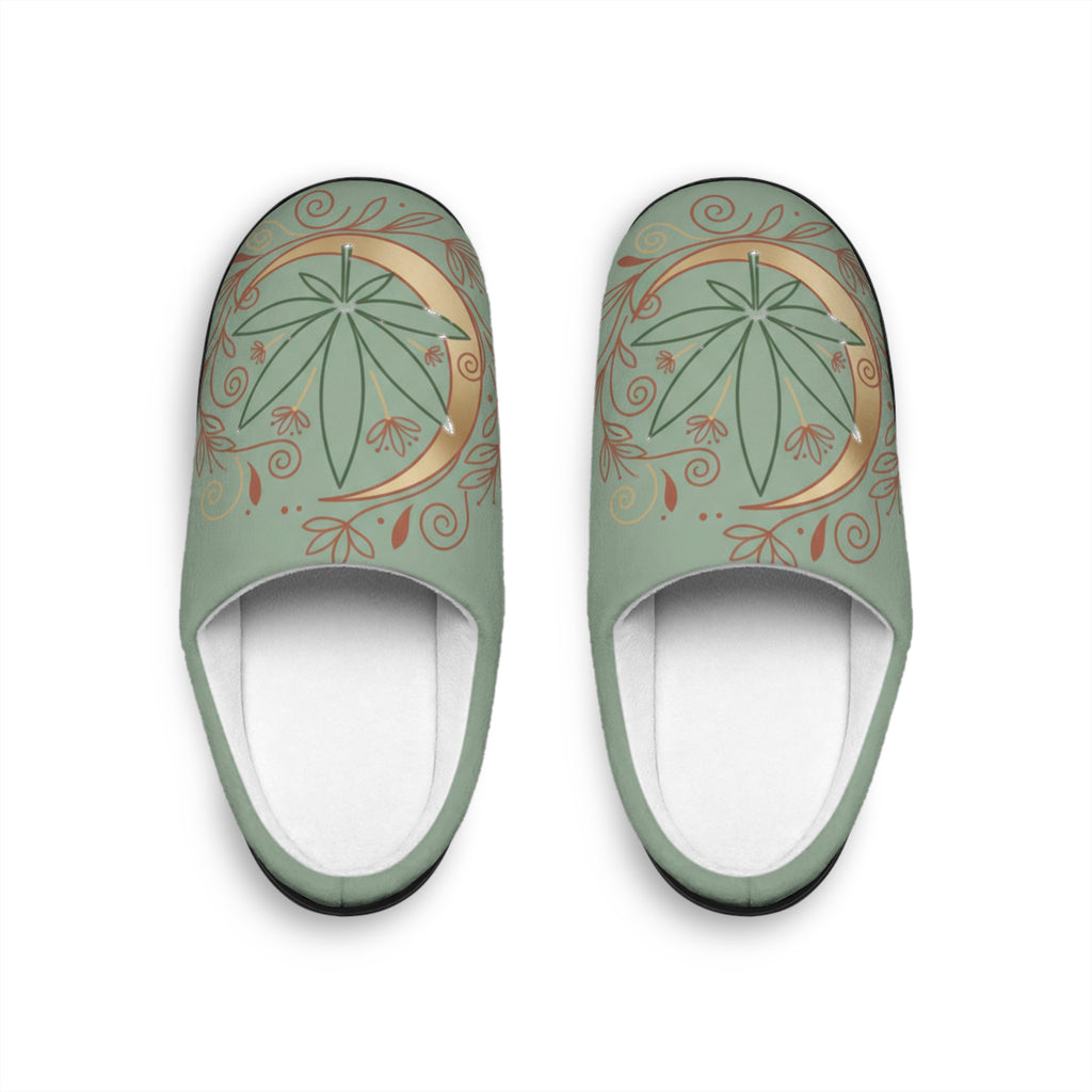 Women's Indoor Slippers — Sage Floral Crescent Moon Cozy House Shoes