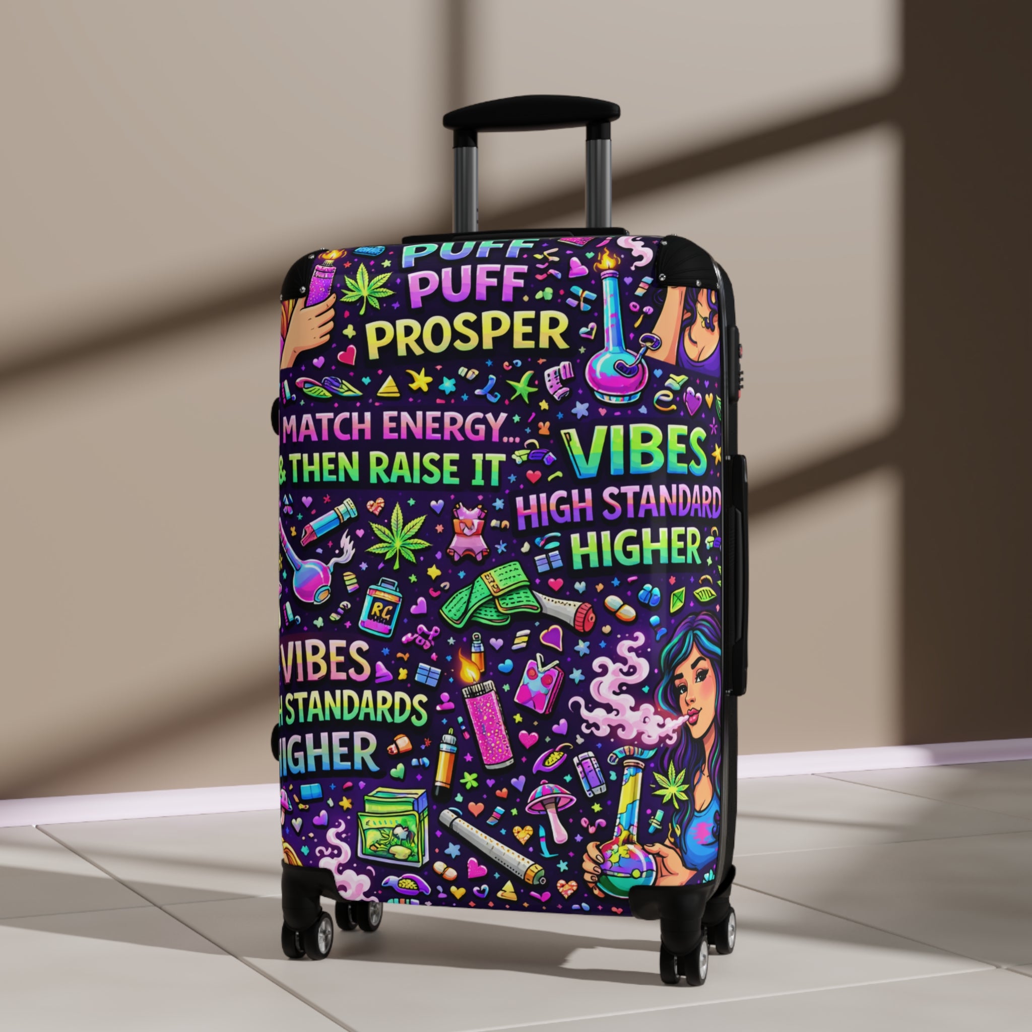 Suitcase - "Puff Prosper" Neon Travel Carry-On with Vibe & Good Energy Design