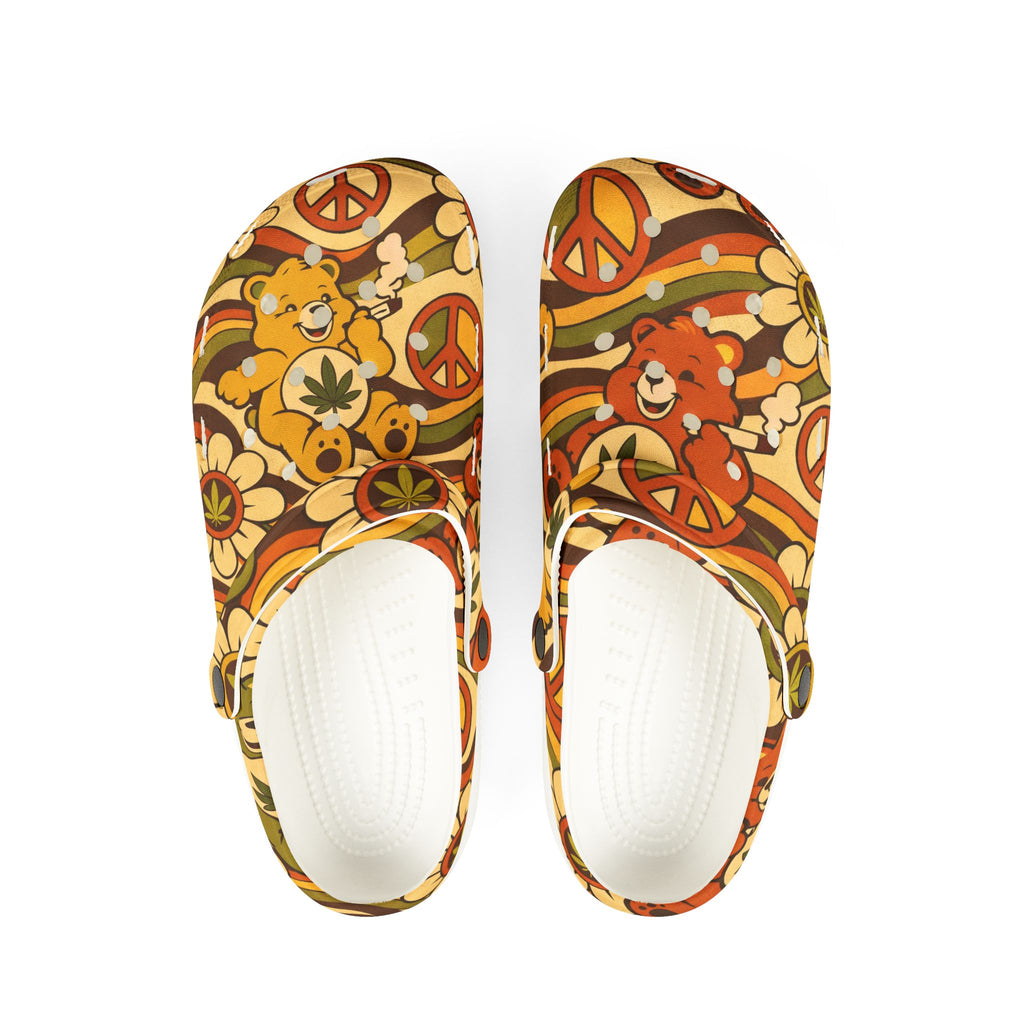 Retro Flower Power EVA Clogs — 70s Peace Sign Floral Slip-On Shoes